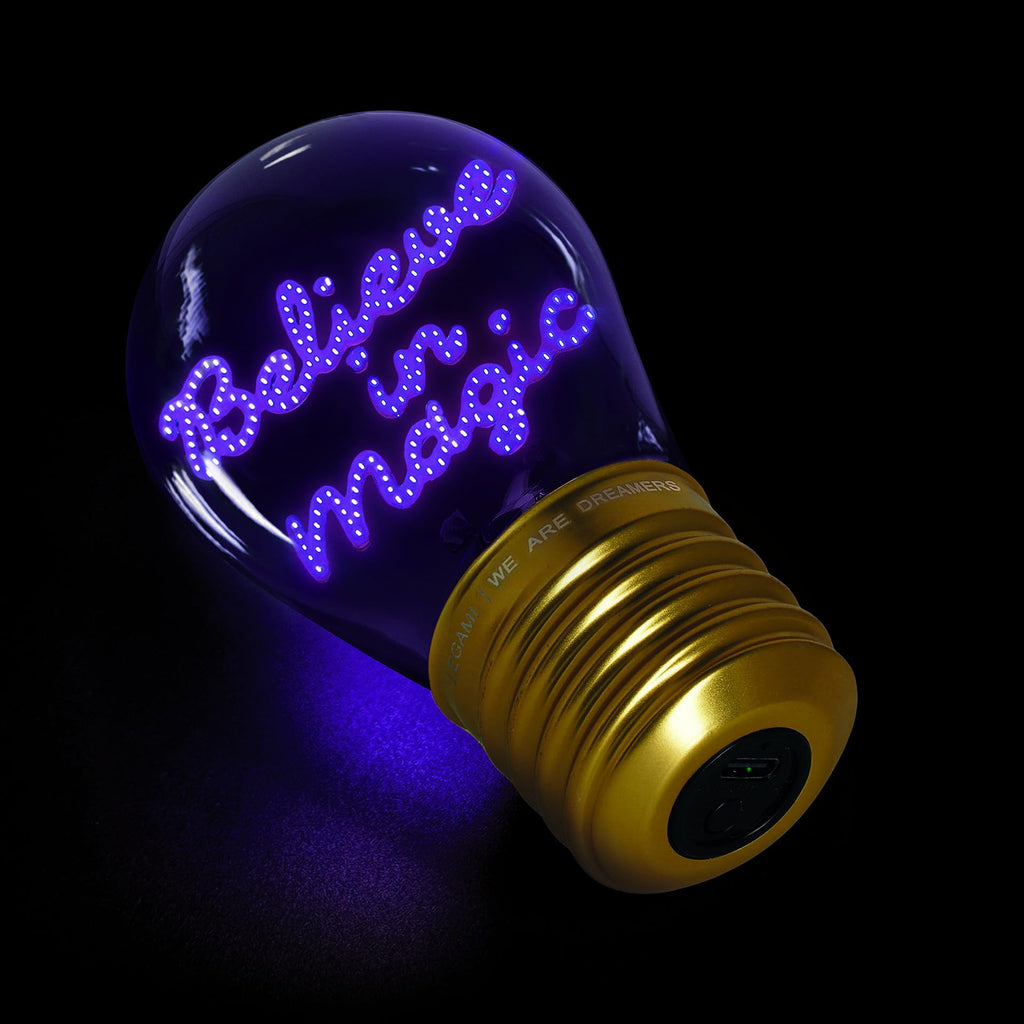 Legami - Glühbirnenförmige Tischlampe, wiederaufladbar mit USB Kabel, kabellos, Glühbirnen Fiktion, Believe in Magic Thema, 6,8 x 10,3 cm