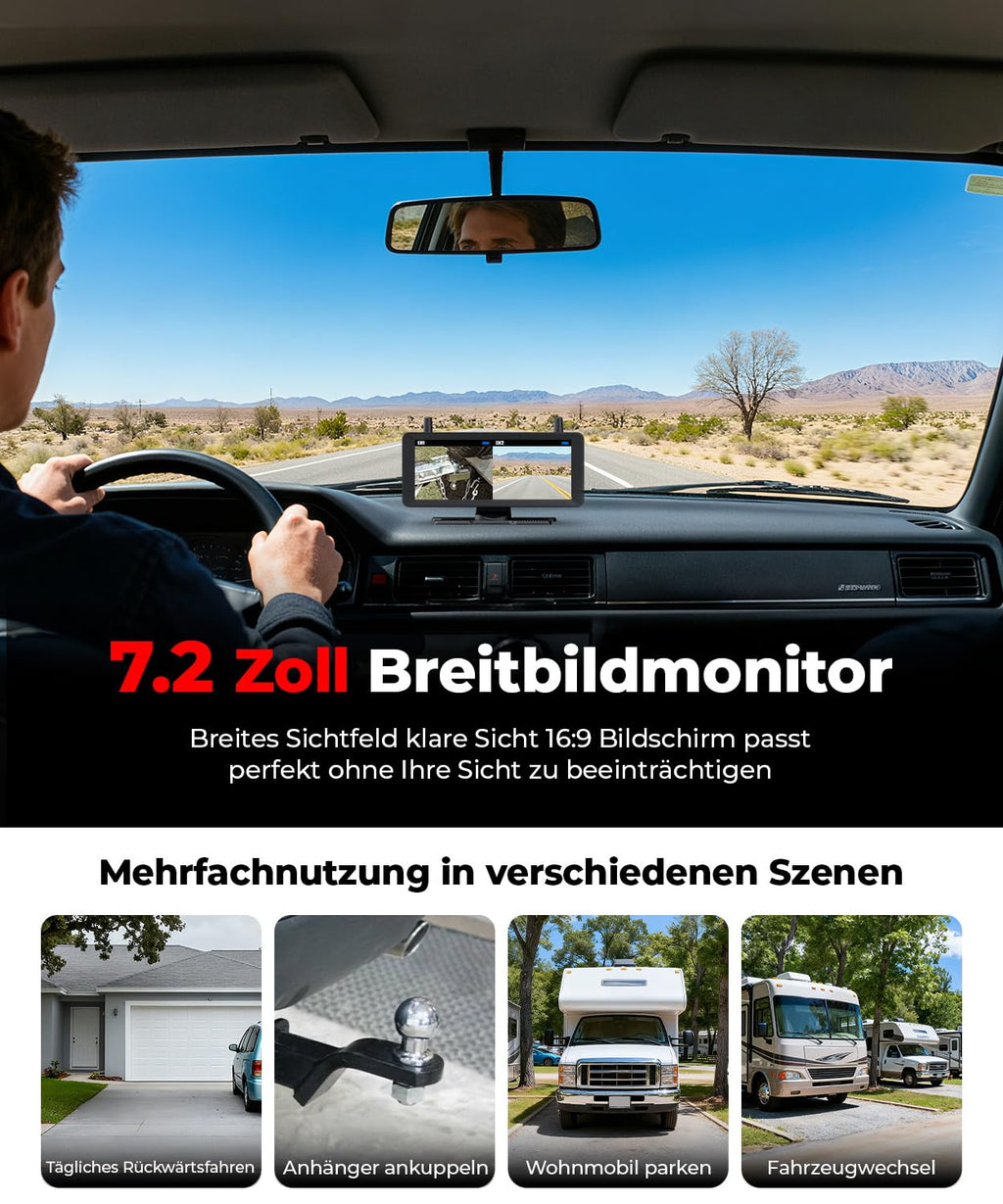 Zwei Solar Rückfahrkamera Kabellose Magnet : 2 Min DIY Installation 7,2 Zoll 1080P Dual Channel Monitor mit DVR Aufnahme Dual Rückfahrkameras Wohnmobil Camper Anhänger Pferdeanhänger