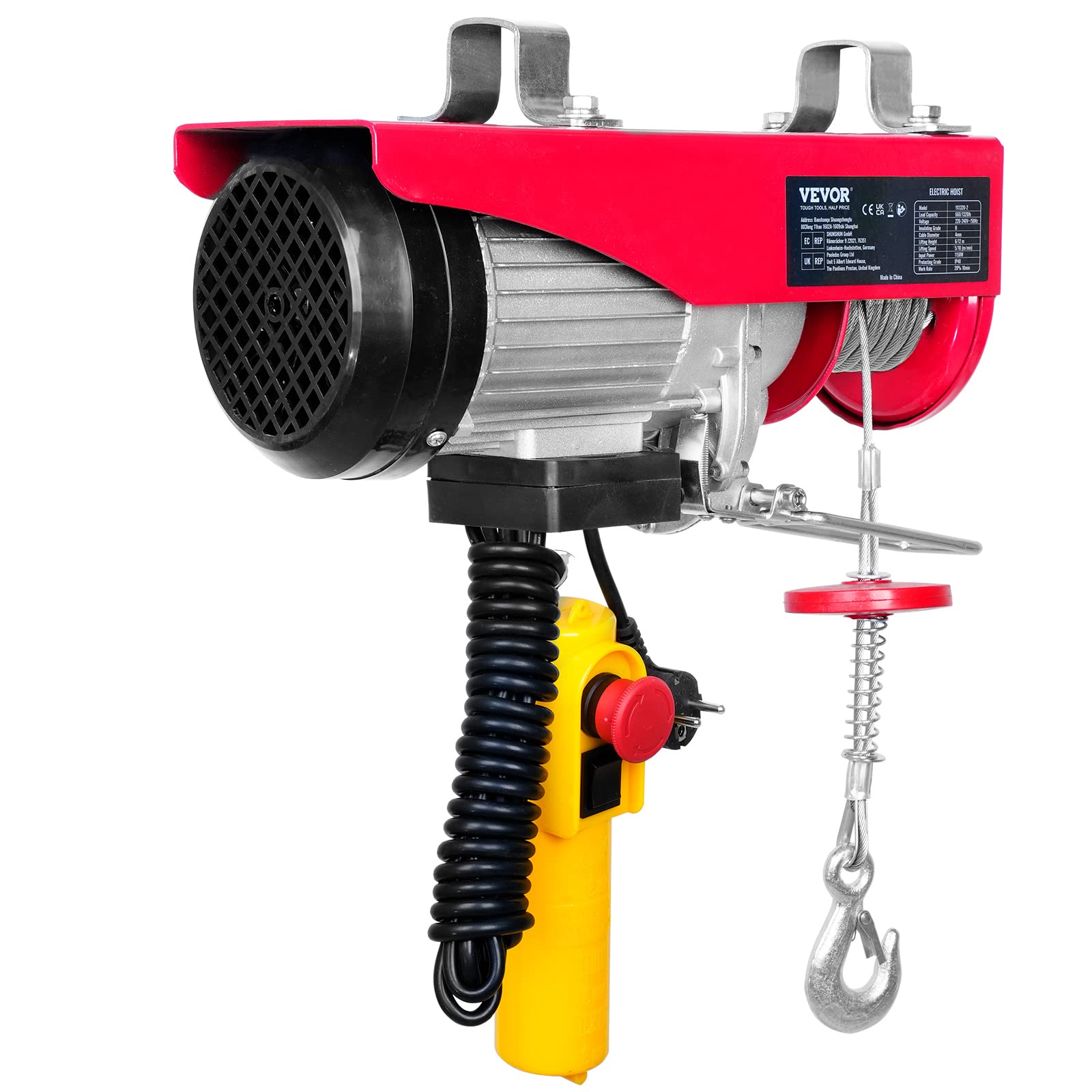 VEVOR elektrische Seilwinde 300kg bis 600kg Hubhöhe 12m Seilzug Motorwinde 1150W Kupfermotor Flaschenzug 10m/min Hubgeschwindigkeit Hebezug mit Kabelfernbedienung Seilhebezug Kettenzug