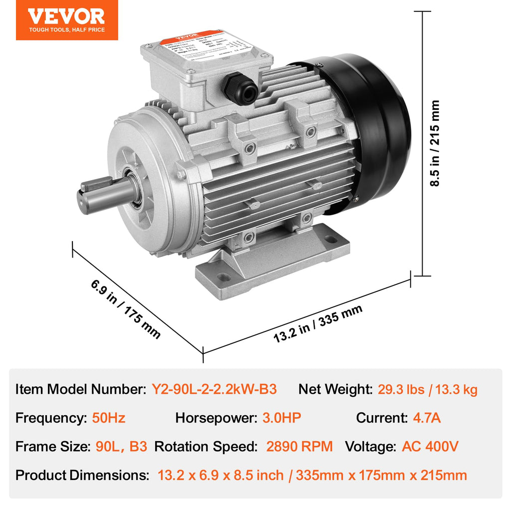 VEVOR 2,2 kW Elektromotor 2890 U/min, AC 400 V 4,7 A, 90 l, B3-Rahmen, Luftkompressormotor 3-phasig, 24 mm Keilwelle, Rechts-/Linkslauf für landwirtschaftliche Maschinen und allgemeine Geräte
