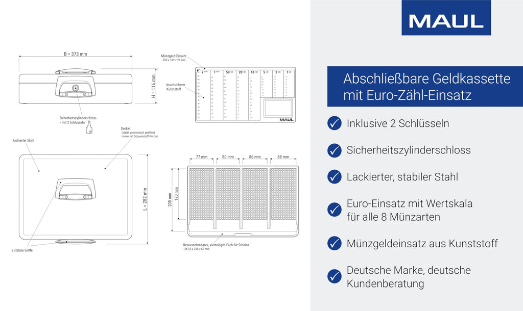 MAUL Geldkassette mit Münzzählbrett aus Stahl | 37 x 29 x 12 cm | Geldkassette abschließbar | Entnehmbares Scheinfach | Tragbare Kasse mit 2 Schlüsseln | Ideal als Registrierkasse | Schwarz