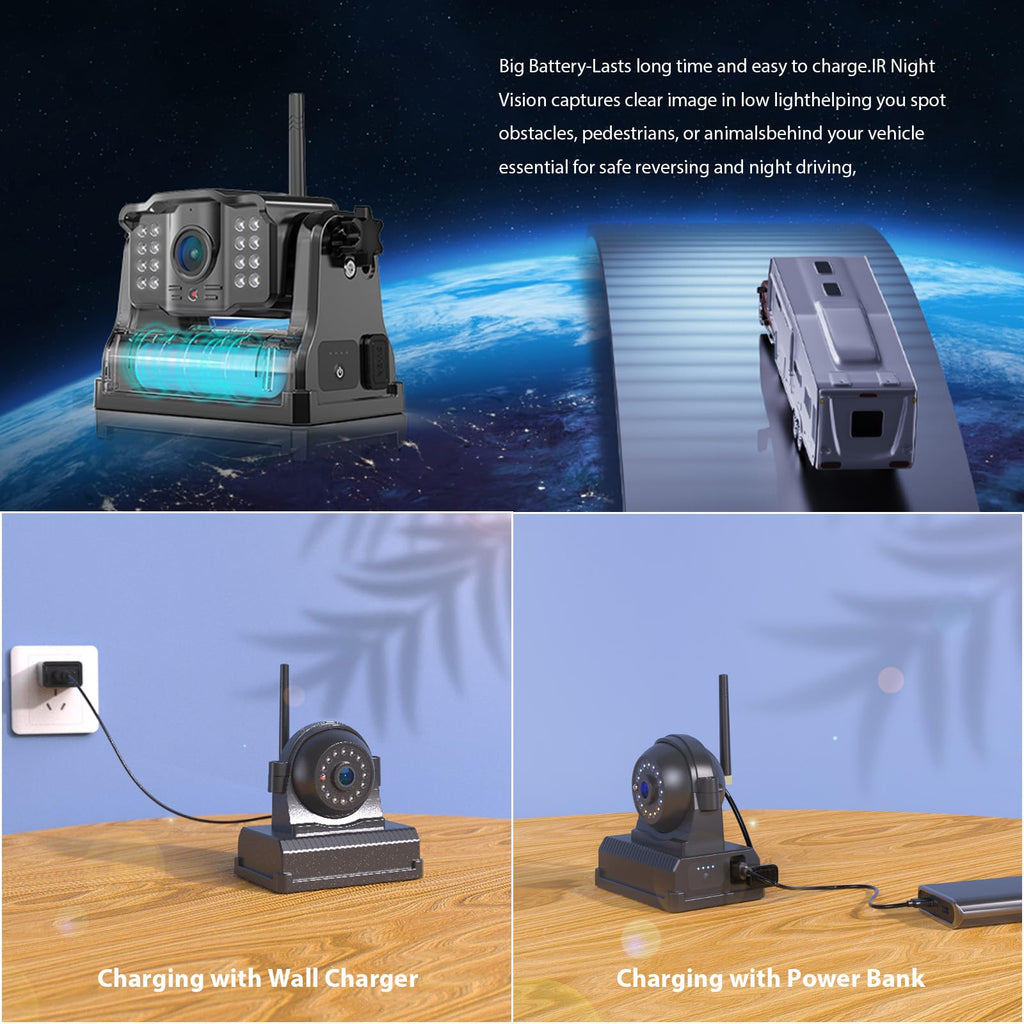 4 Magnetische Rückfahrkamera Kabellos, 10 Zoll 1080P FHD Monitor, 9600mAh Wiederaufladbare Akku, 1-Min Einrichtung, IP69K Wasserdicht Rückfahrkameras für Wohnmobile,Anhänger und LKWs