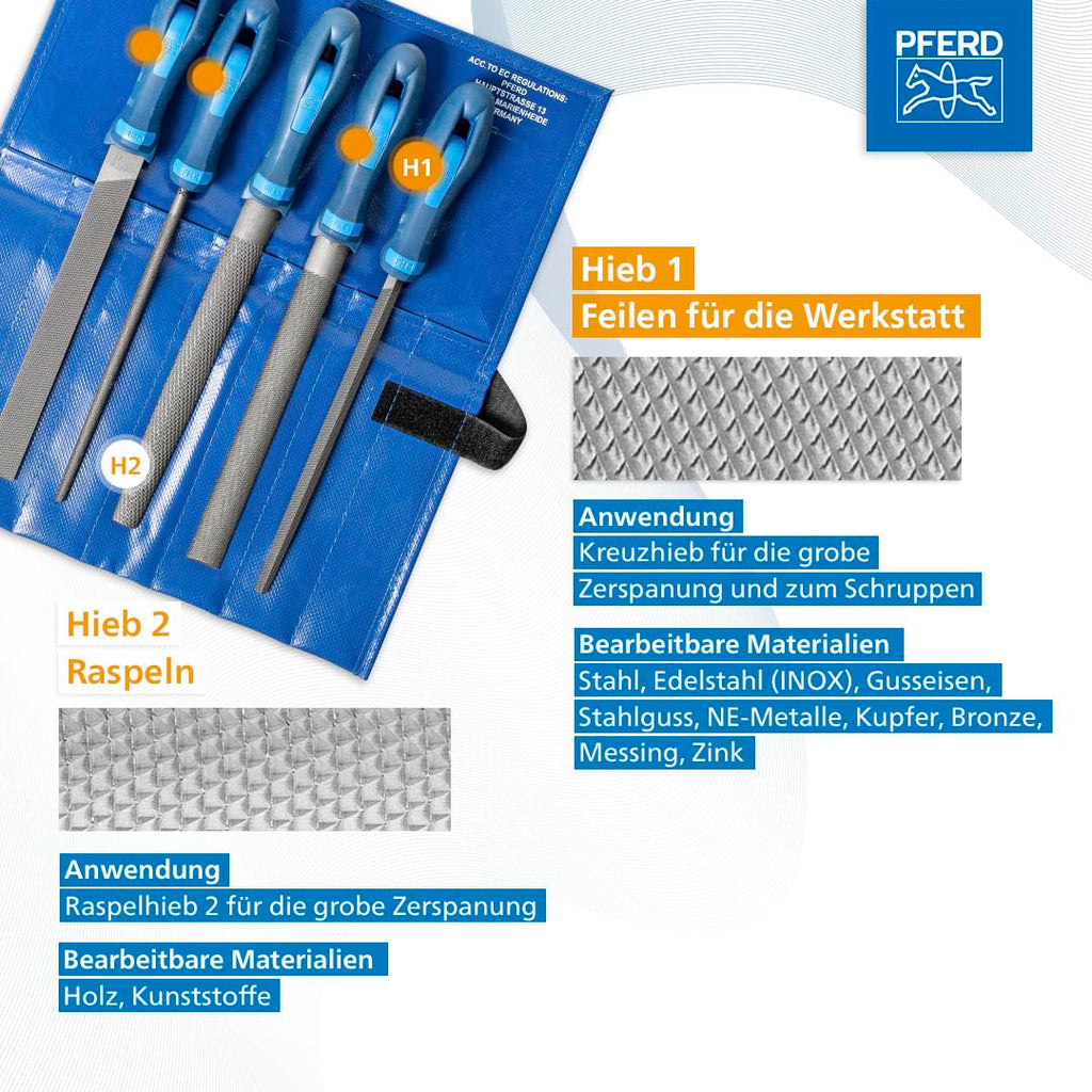 PFERD TOOLS Werkstattfeilen-Set in PVC-Rolltasche, 5 Feilen, 200mm, 11800520 - für ein umfassendes Anwendungsspektrum geeignet