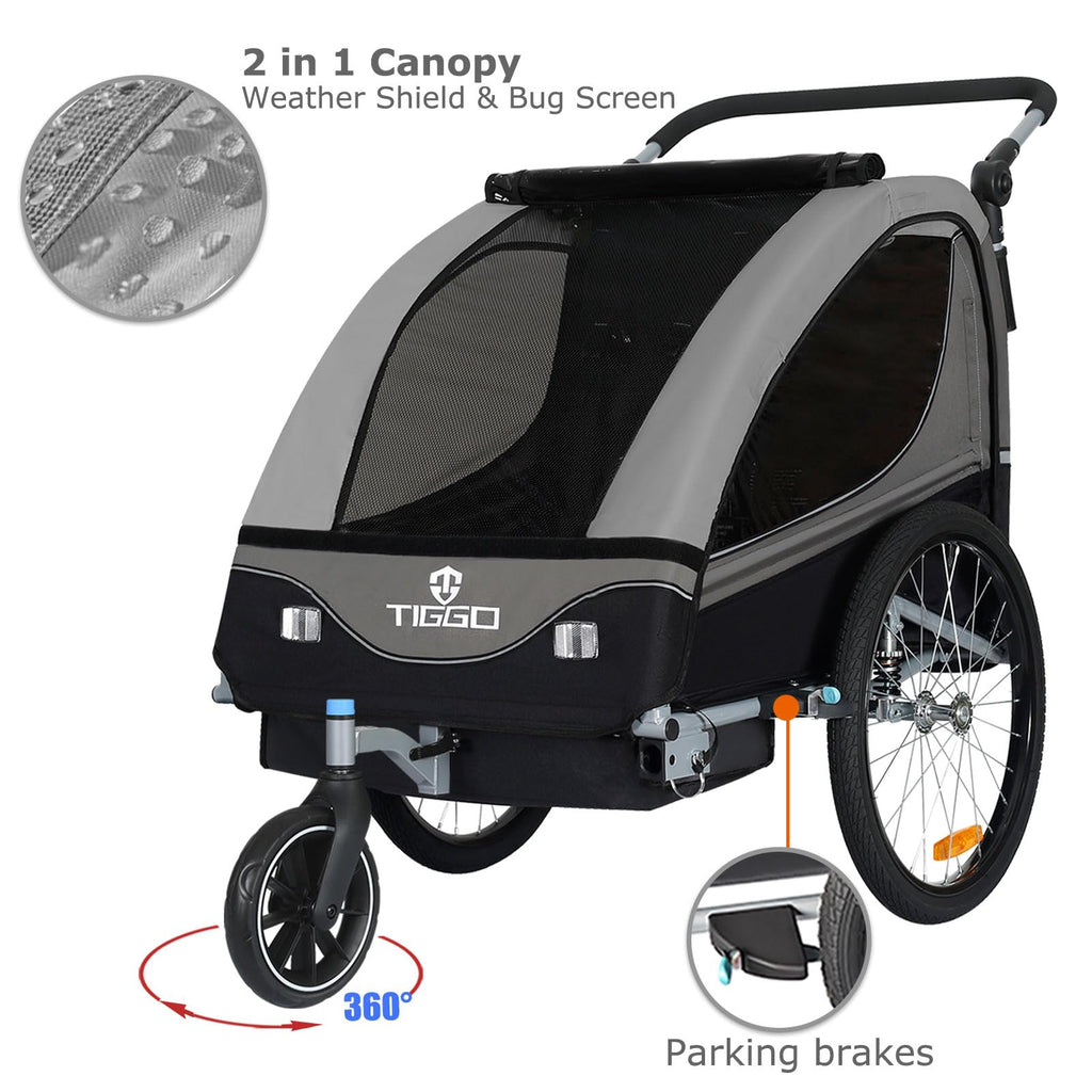 Tiggo S2 Kinderanhänger mit Federung Jogger 2 in 1 Kinder Buggy fahrradanhänger Anhänger 360° Drehbar (Grau)