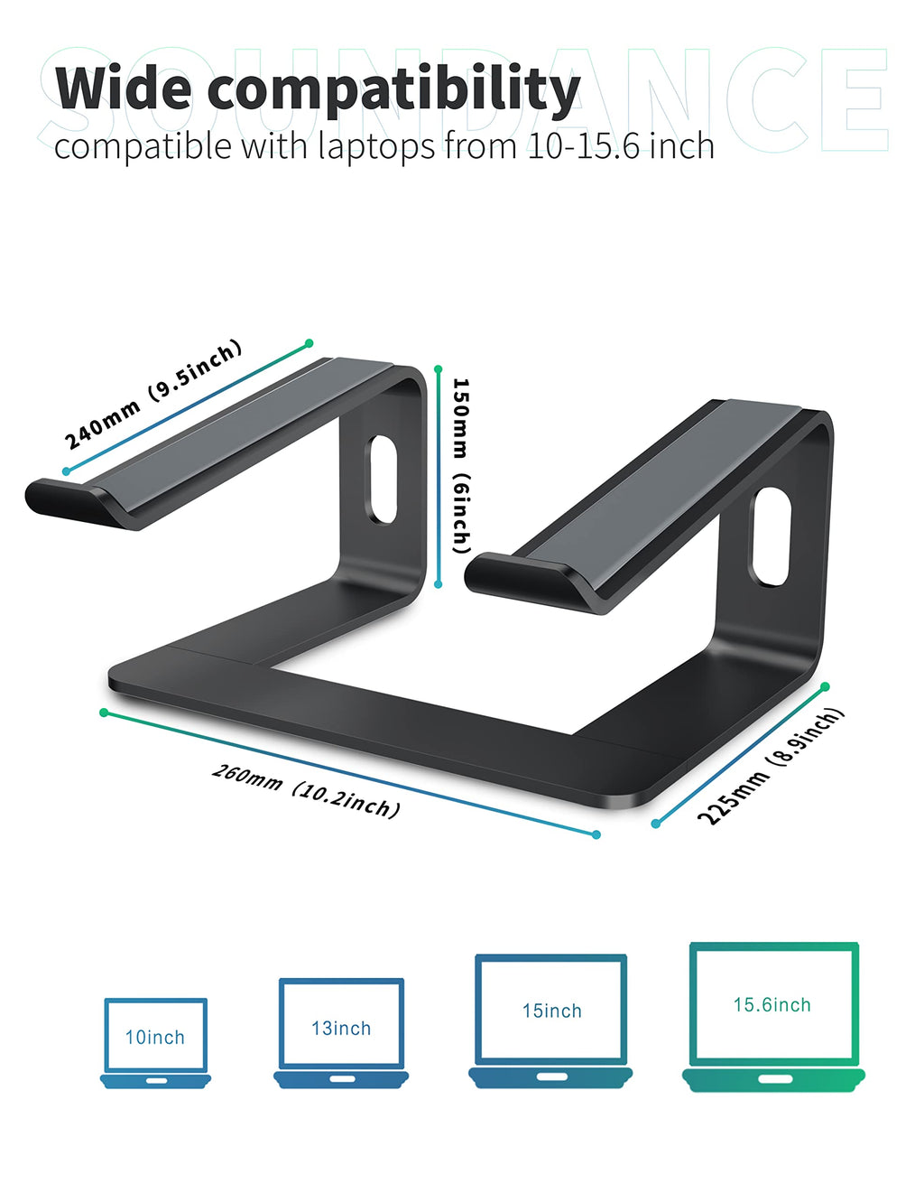 SOUNDANCE Laptop-Ständer, Aluminium-Computer-Erhöhung, ergonomischer Laptop-Ständer für den Schreibtisch, Metall-Halterung, kompatibel mit 10 bis 15,6 Zoll Notebook-Computern, Schwarz
