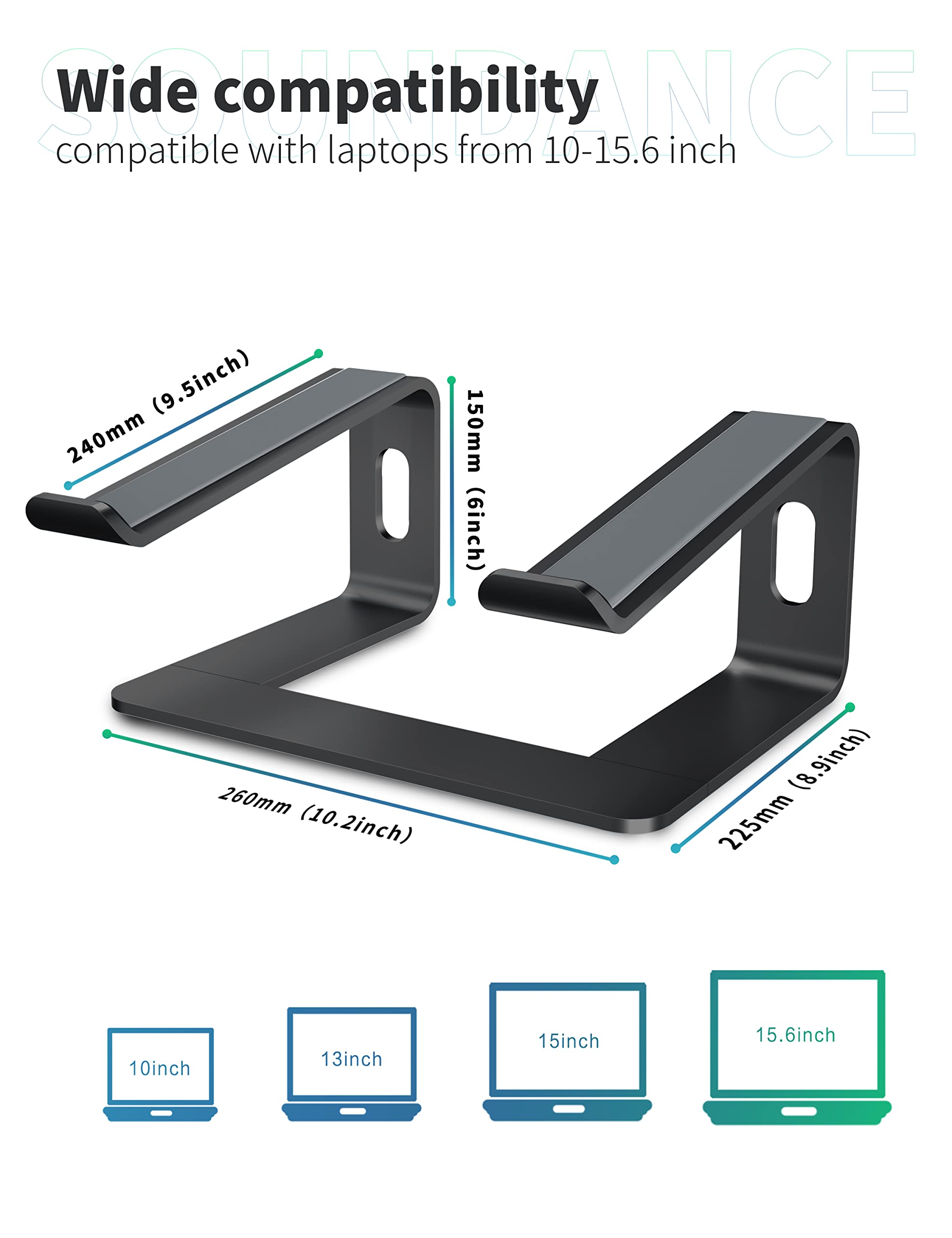 SOUNDANCE Laptop-Ständer, Aluminium-Computer-Erhöhung, ergonomischer Laptop-Ständer für den Schreibtisch, Metall-Halterung, kompatibel mit 10 bis 15,6 Zoll Notebook-Computern, Schwarz