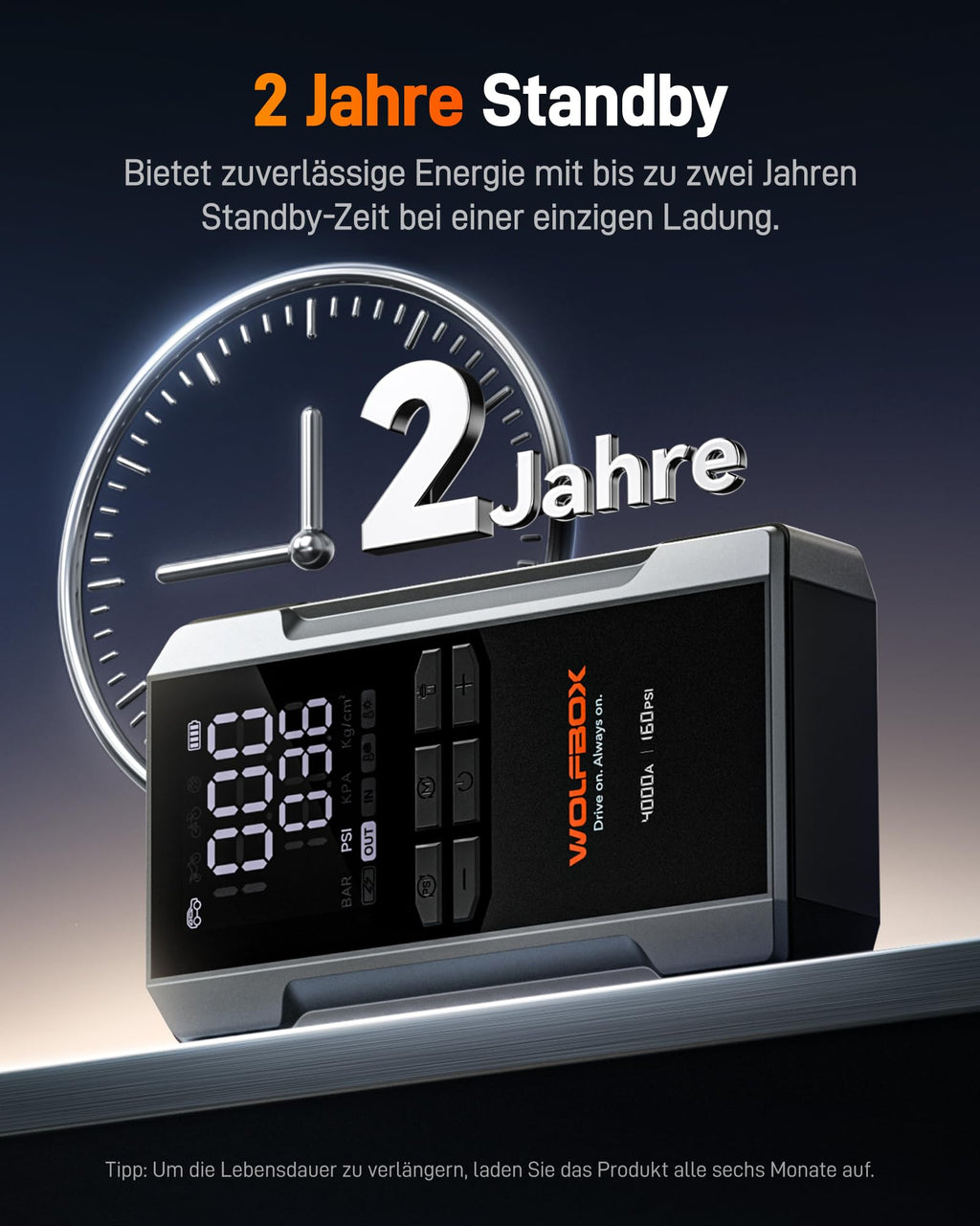 WOLFBOX 4000A Starthilfe mit 160PSI Kompressor, 12V Batterie-Booster, 65W Schnellladung, 88.8Wh Reifenfüller, LED-Anzeige für 10L Benzin-/Dieselmotoren, LED-Licht, Starthilfekabel