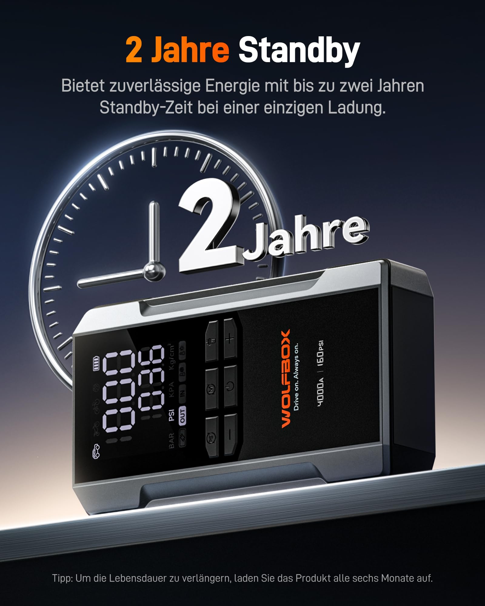 WOLFBOX 4000A Starthilfe mit 160PSI Kompressor, 12V Batterie-Booster, 65W Schnellladung, 88.8Wh Reifenfüller, LED-Anzeige für 10L Benzin-/Dieselmotoren, LED-Licht, Starthilfekabel