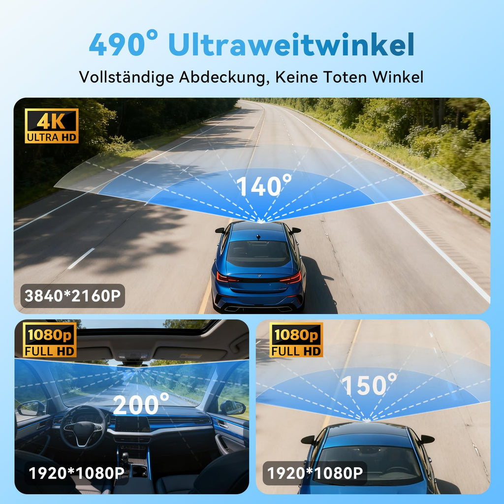 CARTSDOII Dashcam Auto,3 Kanal Vorne Hinten Innen 4K+1080P+1080P Dash Cam,490°Weitwinkel-Rundumschutz,Auto Kamera mit 64GB SD Karte,3.16",Nachtsicht,WDR,WiFi,G-Sensor,Loop-Aufnahme,24H Parküberwachung