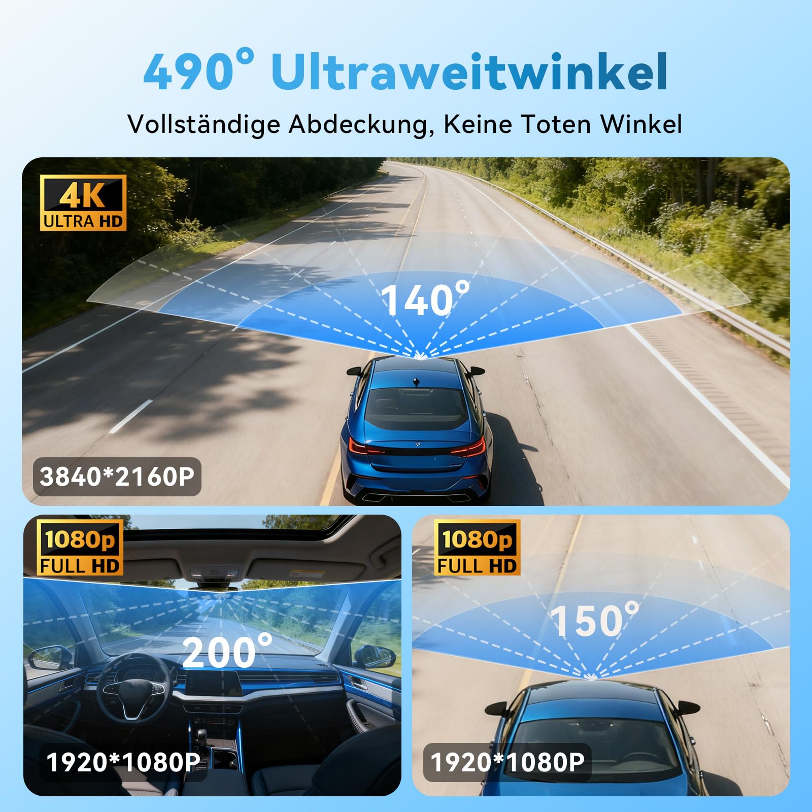 CARTSDOII Dashcam Auto,3 Kanal Vorne Hinten Innen 4K+1080P+1080P Dash Cam,490°Weitwinkel-Rundumschutz,Auto Kamera mit 64GB SD Karte,3.16",Nachtsicht,WDR,WiFi,G-Sensor,Loop-Aufnahme,24H Parküberwachung