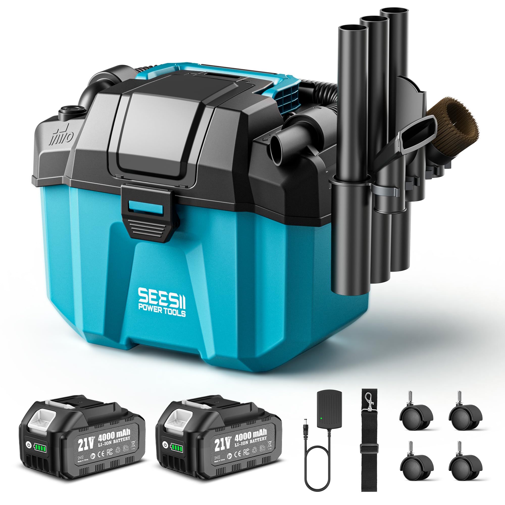 SEESII Akku Nass und Trockensauger, 3-in-1 Werkstattsauger mit Gebläse 2x4000mAh Batterien, 10L Nass Trockensauger Mini, Schultergurt, 4 Rädern und Aufsätzen, Ideal für Werkstatt/Auto/Baustelle (Blue)
