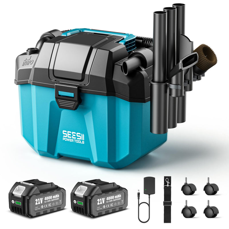 SEESII Akku Nass und Trockensauger, 3-in-1 Werkstattsauger mit Gebläse 2x4000mAh Batterien, 10L Nass Trockensauger Mini, Schultergurt, 4 Rädern und Aufsätzen, Ideal für Werkstatt/Auto/Baustelle (Blue)
