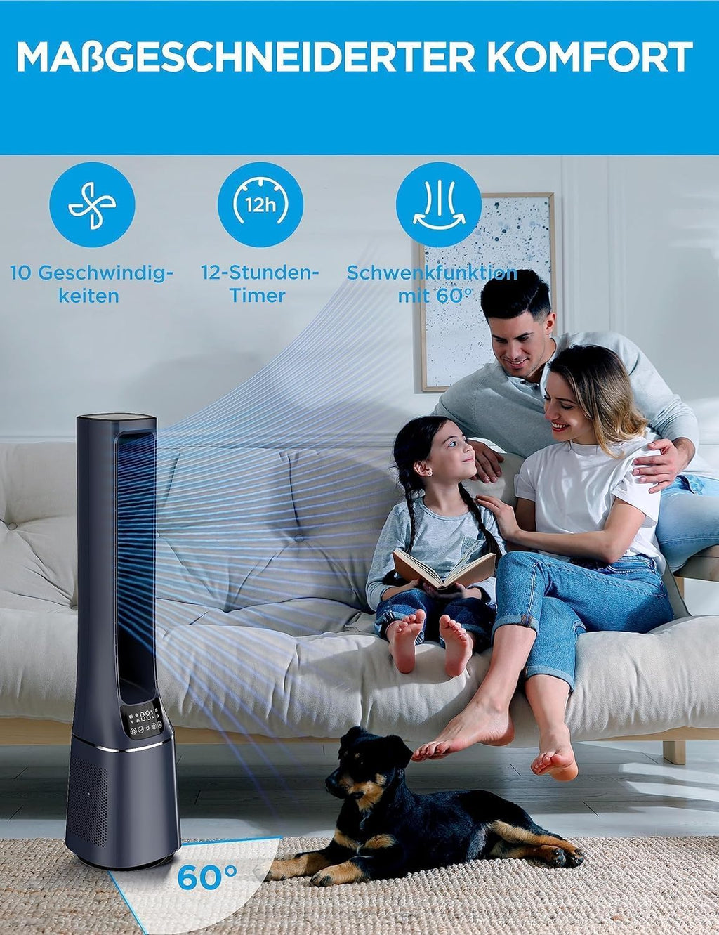 Midea MFP-120i (BL) 2 in 1 Turmventilator Leise 27dB Luftreiniger H13 True HEPA auf 47.6 ㎡ LED Display Fernbedienung Oszillation 12H Timer Kompatibel für Wireless Connection App Alexa Google