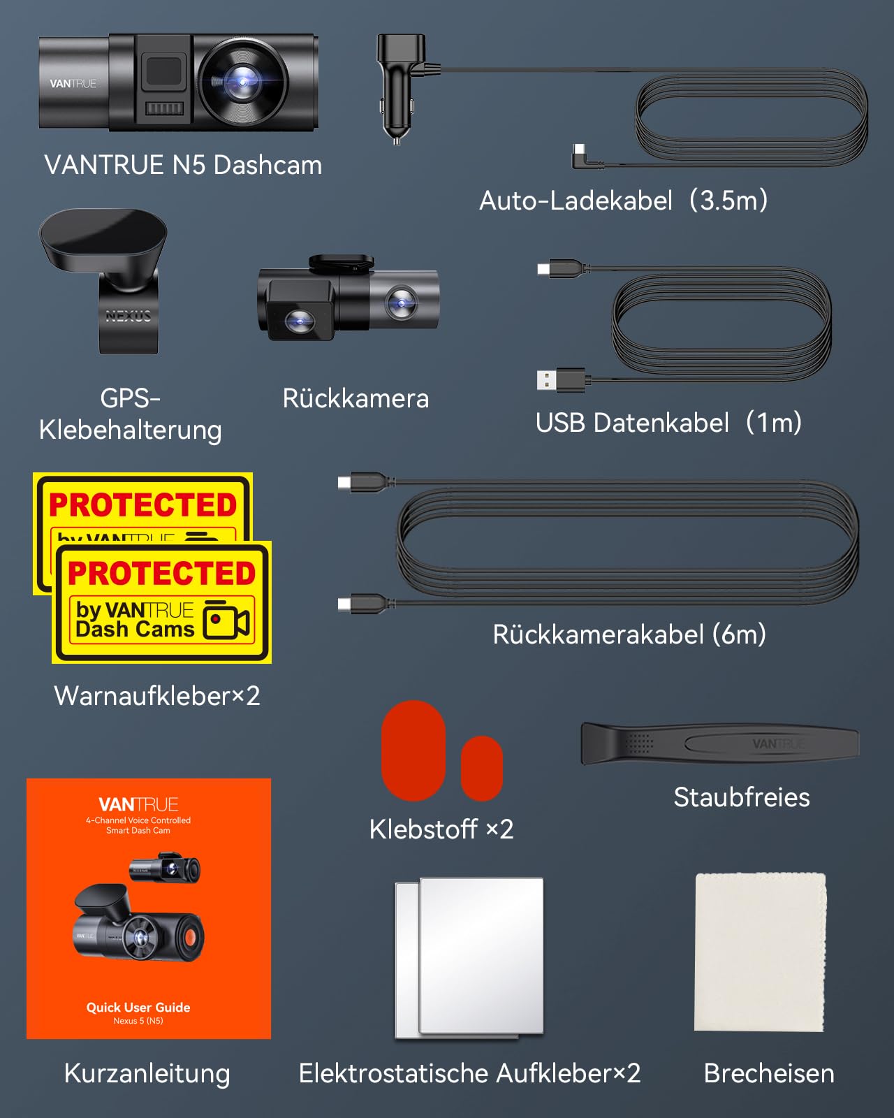 VANTRUE N5 4 Kanal 2.7K STARVIS 2 Dashcam Auto 1944P+ 3 Lens 1080P Dash Cam Vorne Innen Hinten, 5.8GHz WiFi, IMX675 HDR Nachtsicht Dash Camera Auto 24H Parkmodus, Sprachbefehle, Max 1TB
