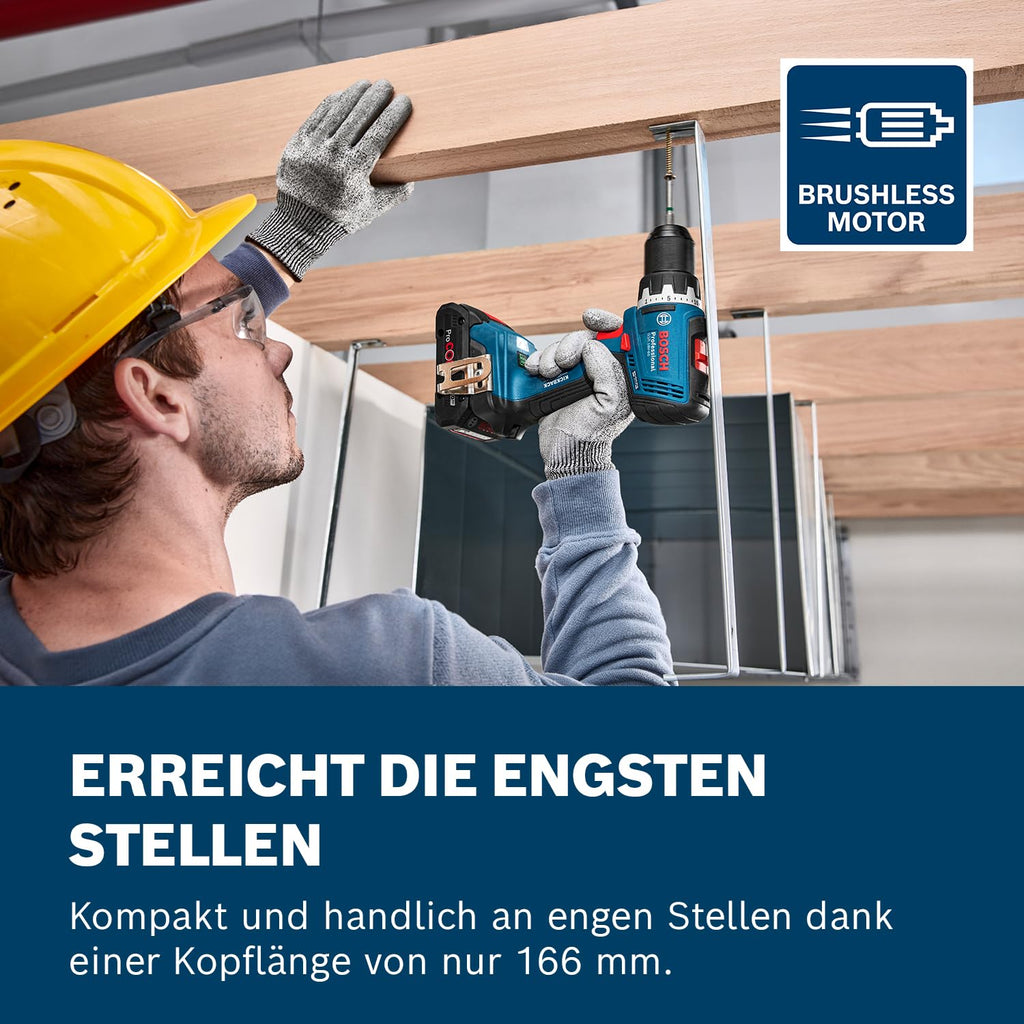 Bosch Professional 18V System Akku-Bohrschrauber GSR 18V-65 (bürstenloser Motor, Kopflänge 166, inkl. 2x Akku ProCORE18V 4.0Ah, 82 tlg. Zubehör, L-Case)