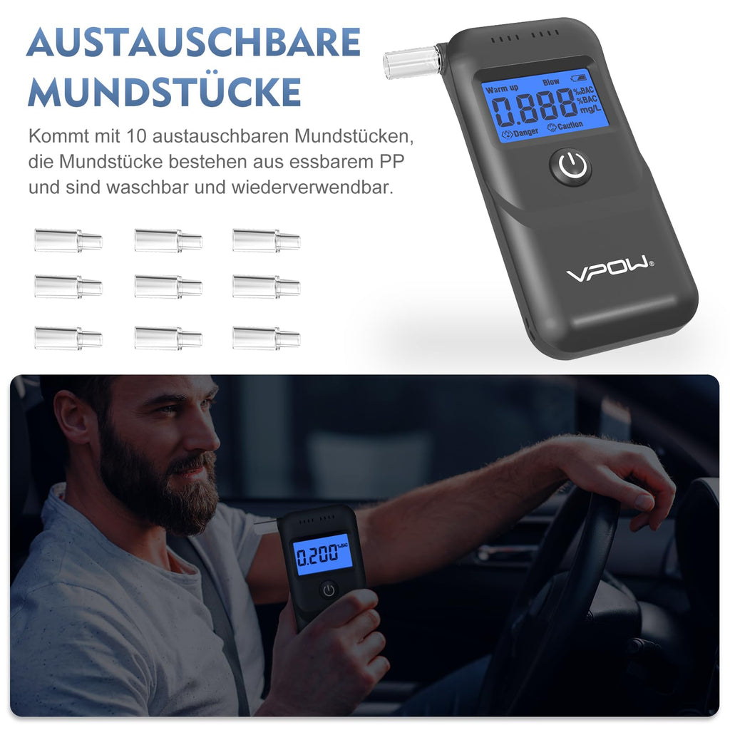 VPOW Alkoholtester, Professioneller Alkoholtester mit digitaler Blauer LCD-Anzeige, Atemalkoholtester mit Gradgenauigkeit für den privaten professionellen Gebrauch zu Hause - Grau