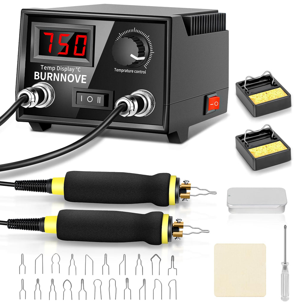 BURNNOVE Holz Pyrographie Set 100W, 100–750°C, Doppel-Pyrographie-Stifte mit LCD-Display, 21 Spitzen, Temperaturregelung, Komplettset für Holz, Leder, Kunsthandwerk