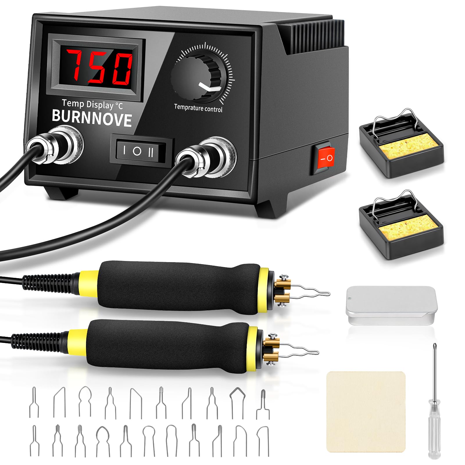BURNNOVE Holz Pyrographie Set 100W, 100–750°C, Doppel-Pyrographie-Stifte mit LCD-Display, 21 Spitzen, Temperaturregelung, Komplettset für Holz, Leder, Kunsthandwerk