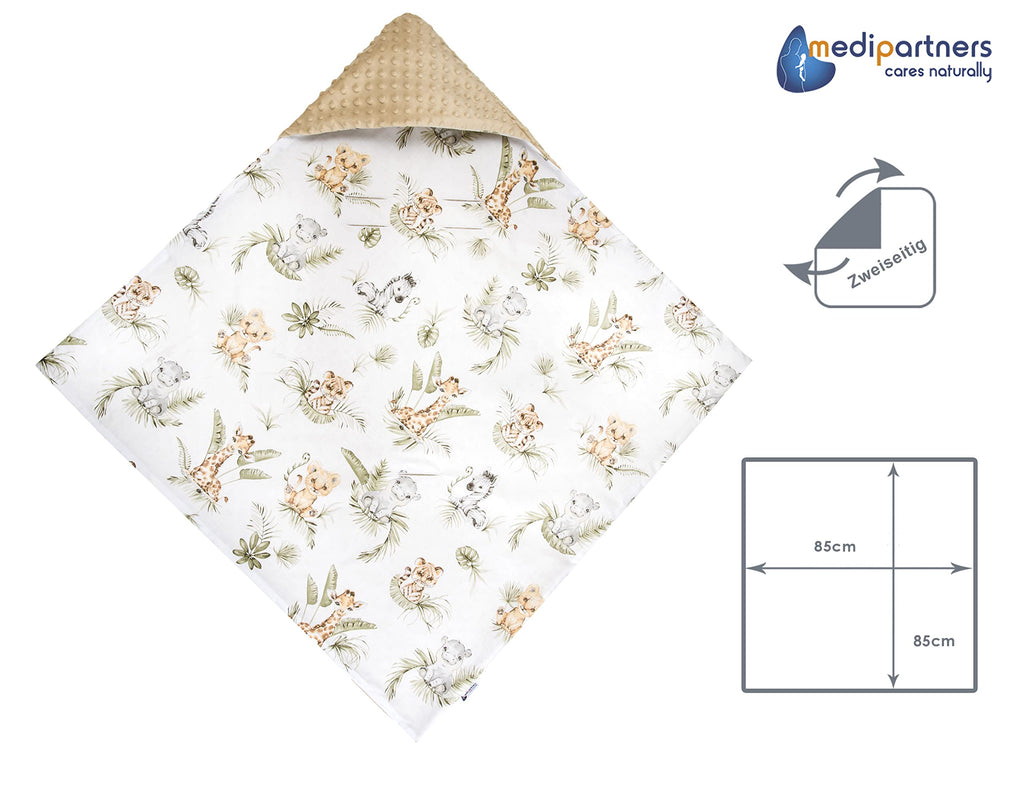 Medi Partners Einschlagdecke Baby Babyschale 100% Baumwolle für Sommer 85x85cm Kinderwagen Kuscheldecke universal Baby Decke Einschlagdecken Babydecke Buggy Autositz (Safari mit beigem Minky)