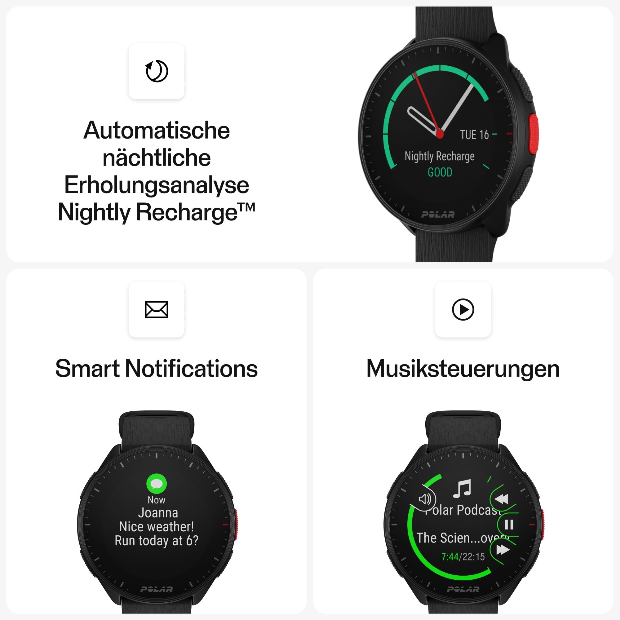 Polar Pacer - GPS-Laufuhr - sehr schneller Prozessor - Ultraleicht - helles Display - griffige Tasten - personalisiertes - Pulsmesser - Musiksteuerung, Night Black, S-L