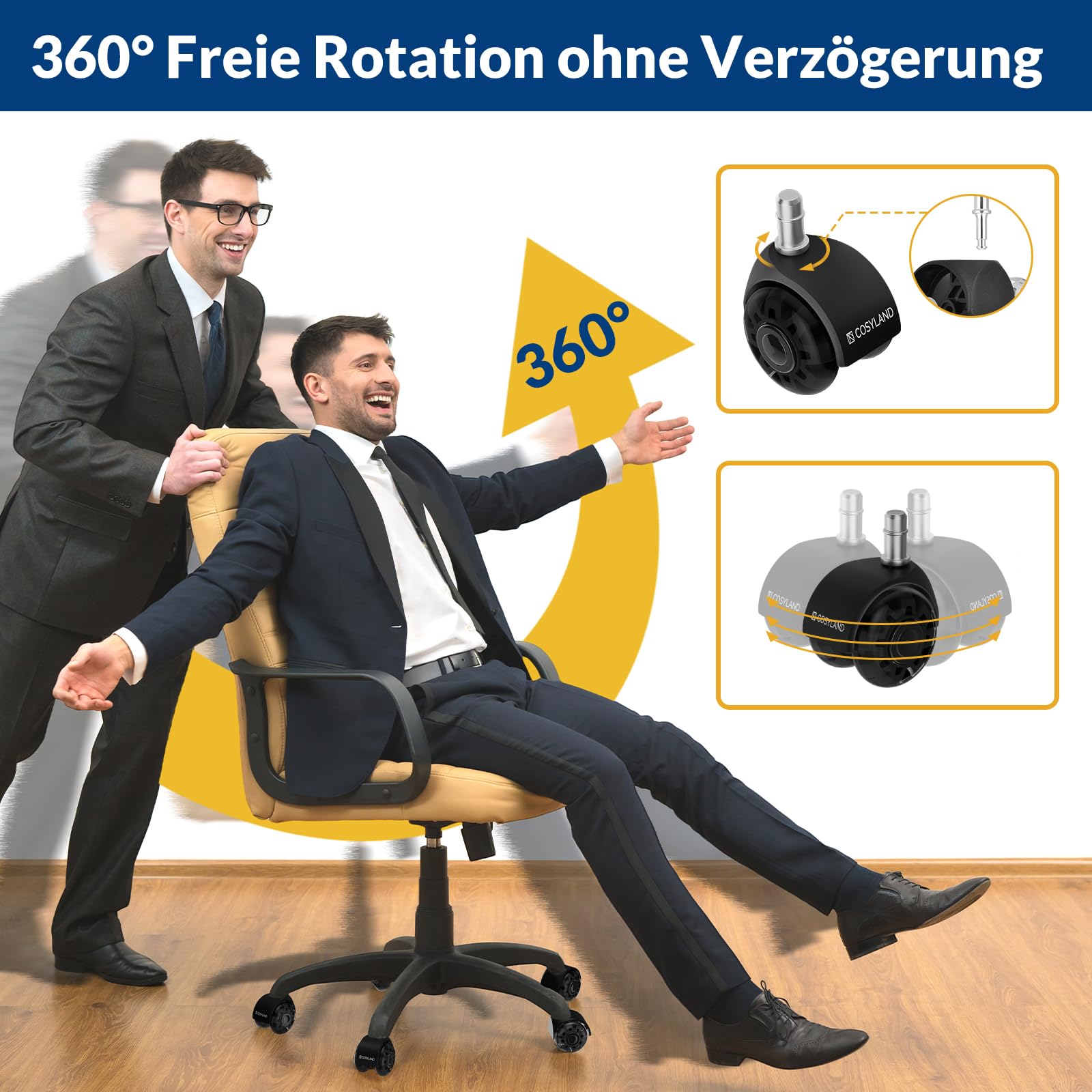 COSYLAND Bürostuhl Rollen 10mm x 22 mm - 5er Set Rollen für Bürostühle - Super Leise und Weiche für Hartböden, Parkett, Teppich, Laminat, Keine Bodenschutzmatte Nötig, Schwarz Doppelräder