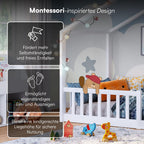 Bellabino Bia Kinderbett 90x200 cm – Bodenbett mit Rausfallschutz & Lattenrost – Hausbett aus Massivholz Kiefer – Montessori Kinder Bett in Weiß für Jungen und Mädchen