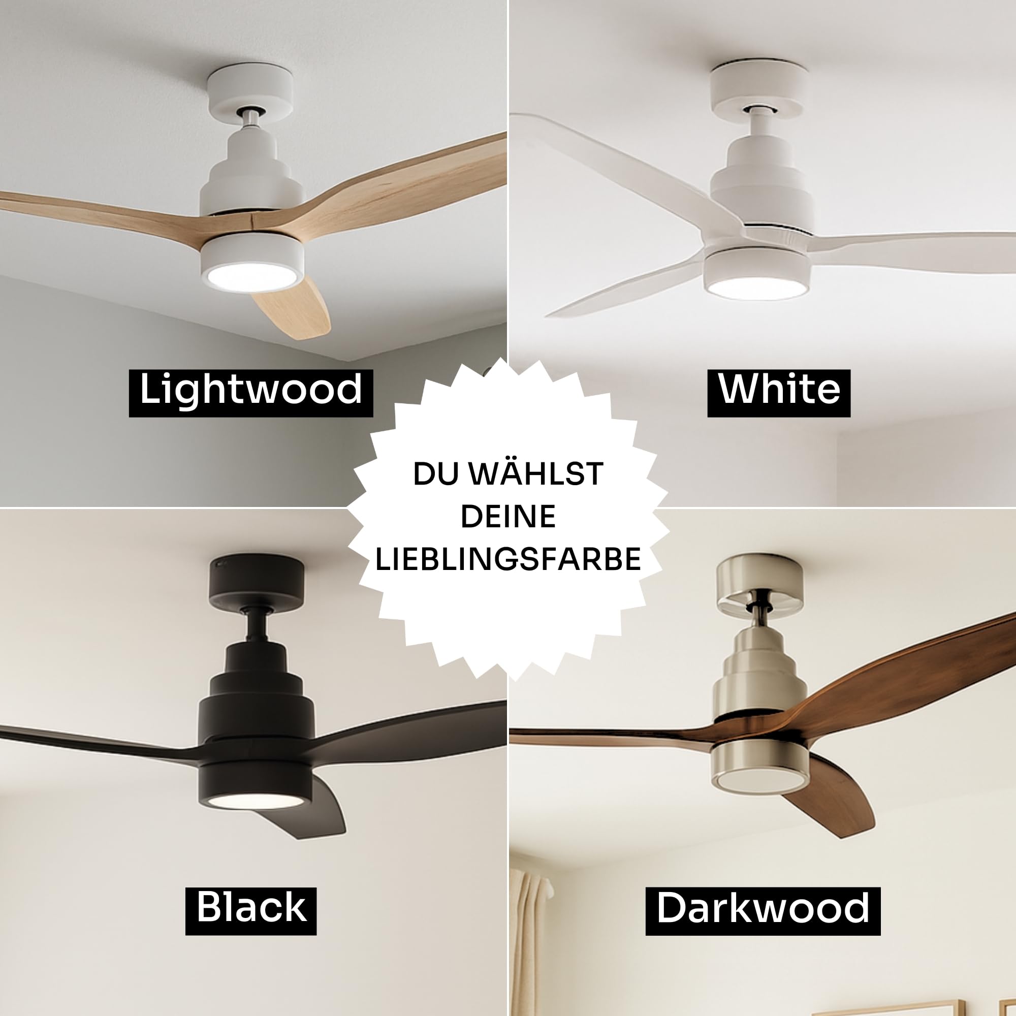 Mellerware - Deckenventilator mit Fernbedienung Brizy Bright | 45 W | 6 Geschwindigkeiten | Ultra leise | 3 Flügel 132 Durchmesser | Sommer-Winter-Funktion | Timer | LED | Darkwood