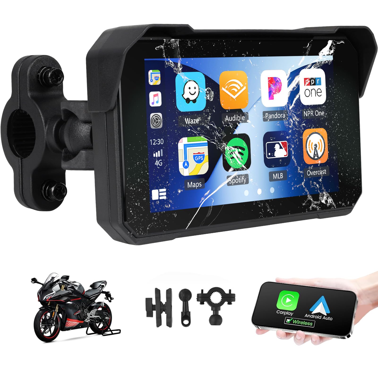 Motorcycle GPS CarPlay Screen with Motorcycle Design Holder, Wireless Carplay and Android Car, Portable Waterproof 5 Inch Touchscreen Motorcycle GPS CarPlay Screen Supports Bluetooth, Siri
