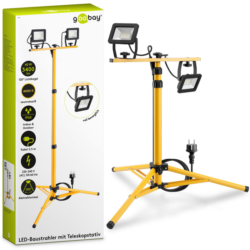 Goobay 57845 LED Baustrahler auf Teleskopstativ 2 x 20W / 3400lm / Neutral-Weiß Licht – 4000K / Für Innen- & Außenbereich – IP65 / Schwarz/Gelb