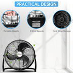 OZAVO Standventilator, Windmaschine ⌀50 cm mit 3 Laufgeschwindigkeiten, Bodenventilator Power, Tischventilator Metall, Luftkühler, verstellbare Neigungswinkel, 100W, Schwarz