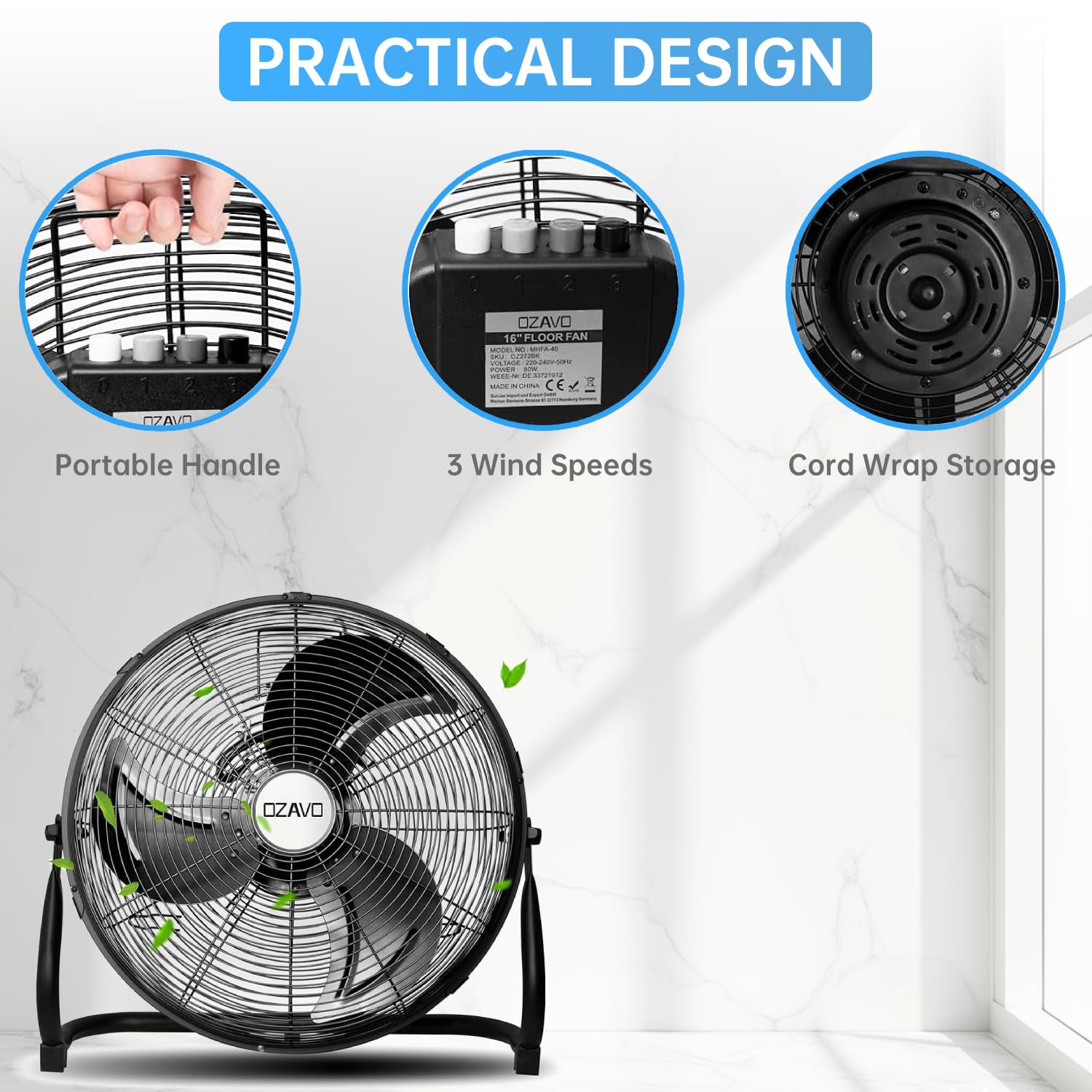 OZAVO Standventilator, Windmaschine ⌀50 cm mit 3 Laufgeschwindigkeiten, Bodenventilator Power, Tischventilator Metall, Luftkühler, verstellbare Neigungswinkel, 100W, Schwarz