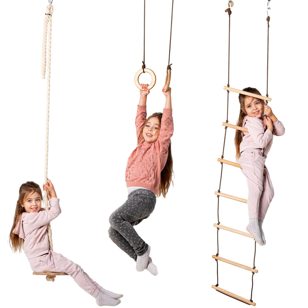 Goodevas Kinder Spielset – Indoor Klettergerüst und Outdoor Jungle Gym für Jungen und Mädchen – Kletterleiter und Gymnastikringe, ab 2-12 Jahre