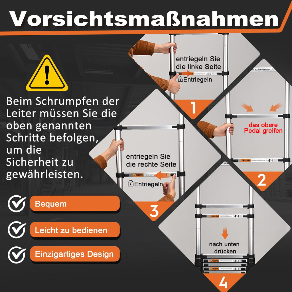 HBTower 3,8m Teleskopleiter Aluminium mit Haken, Leichte Ausziehleiter, Leiter Ausziehbar, klappbare Leiter für Dachböden, Caravans, 150kg Tragfähigkeit, Silber