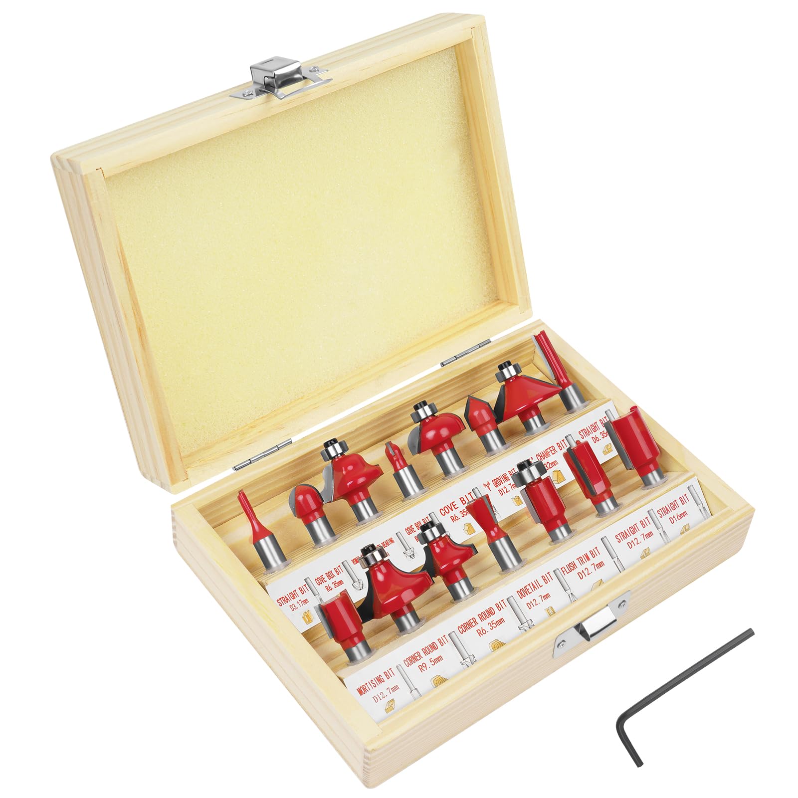 flintronic Fräser-Set, 8MM Fräsen Werkzeug Set, 15-TLG Holzkoffer Geschmiedeter Werkzeugstahl Oberfräser, Bündigfräser, Holzschneider mit Kunststoff-Box, Bodenreinigung für Holzbearbeitung