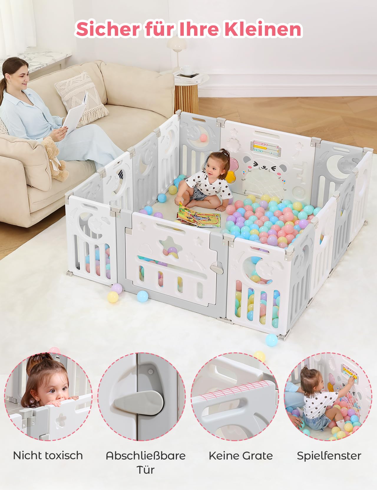 Dripex Laufstall Baby faltbar 150x150x62cm (14 Paneele) mit Spielboard, Laufgitter Baby, Kinderlaufstall & Babyzaun aus strapazierfähigem Plastik, Playpen für Innen & Außen, Grau