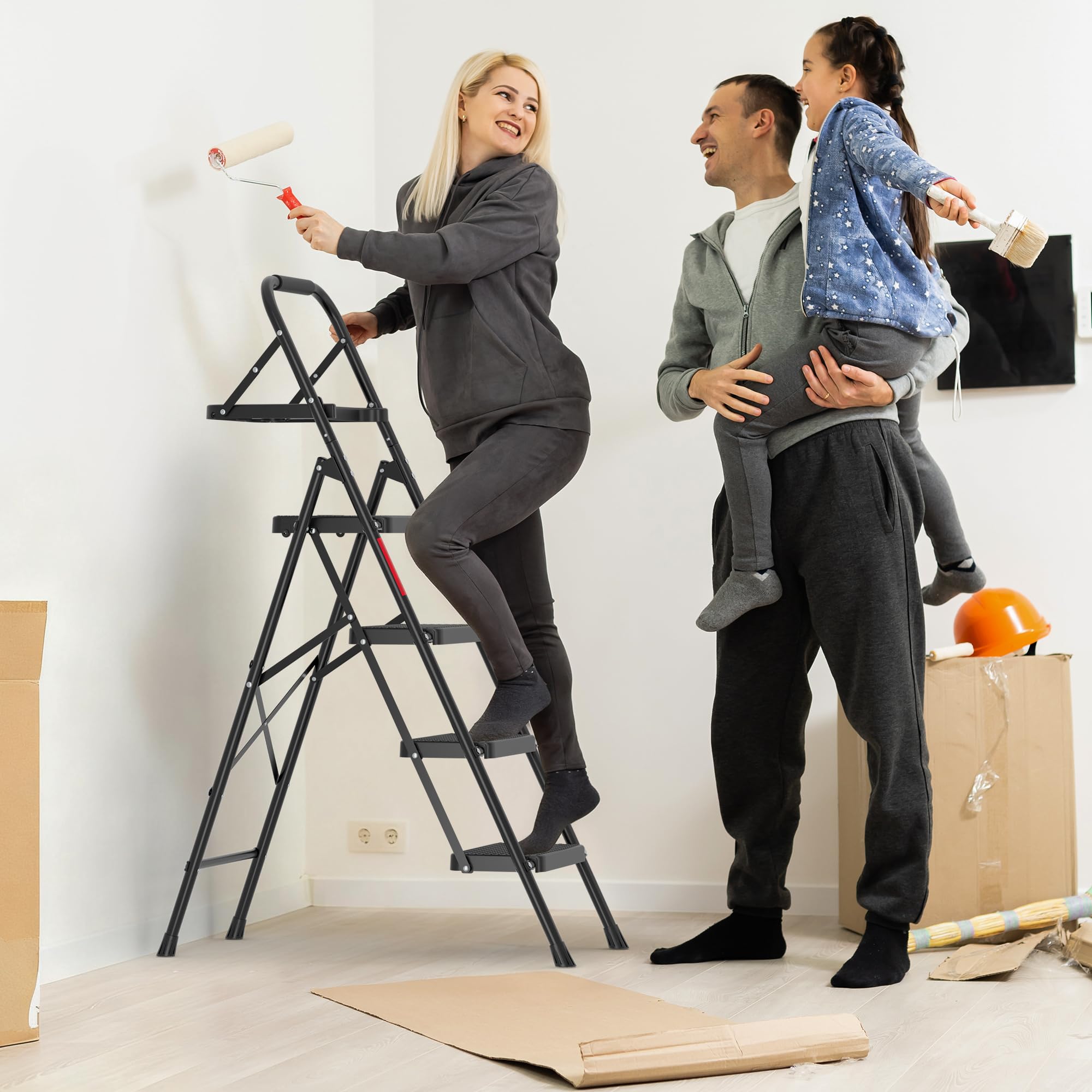 BONTEC Trittleiter 4 Stufen Klappbar, 150kg Kapazität mit Breiten Anti-Rutsch-Pedalen, Faltbarer Stahl-Tritthocker, Schwamm-Lenker, Zuhause, Speisekammer, Innen- und Außenbereich, Schwarz