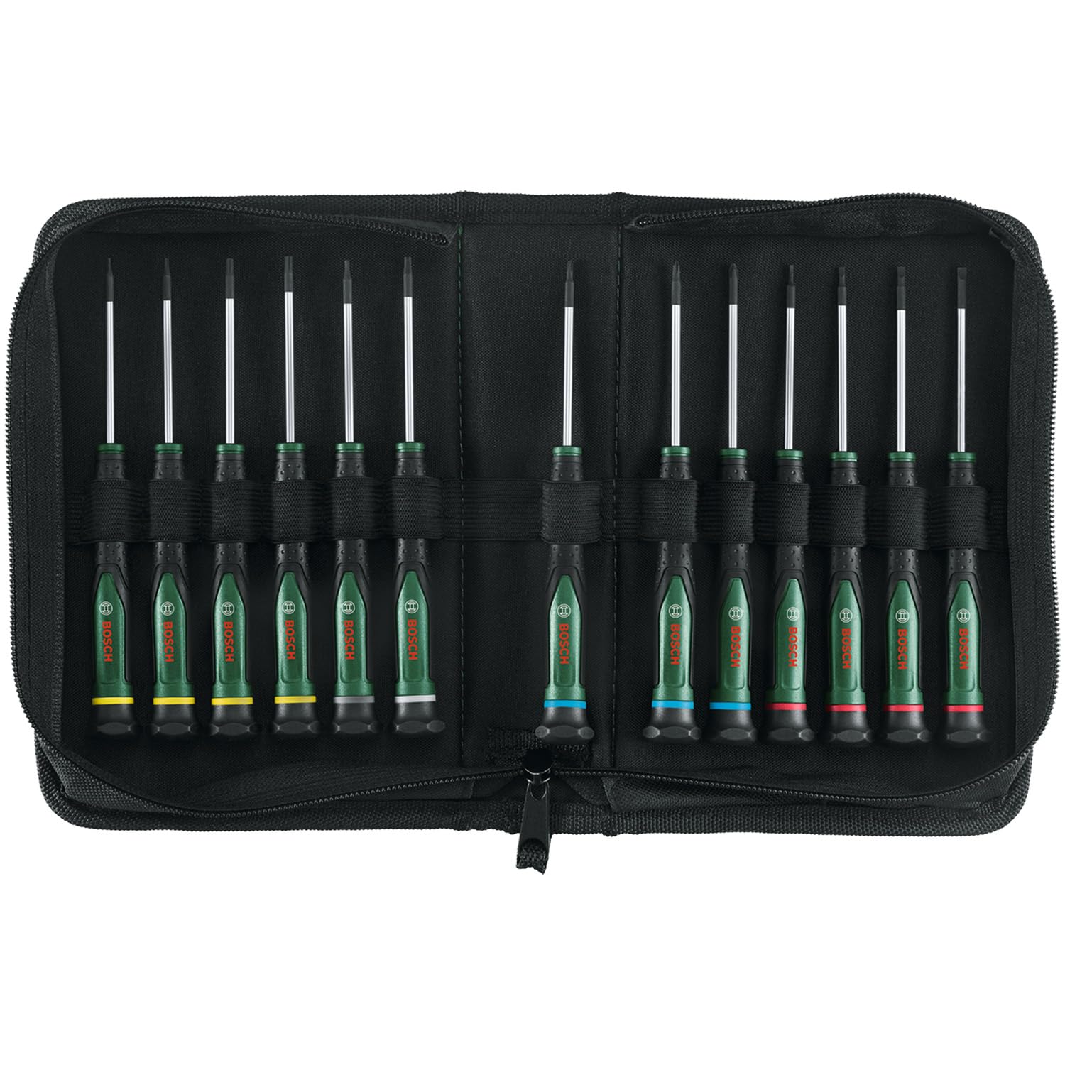 Bosch Präzisionsschraubendreher-Set 13-teilig (Präzise Schraubendreher für Heimwerken und Modellbau; S2-Stahl; Magnetische Spitzen; PH/SL/TX/HEX; Farbcodierte Größen; Softgrip)