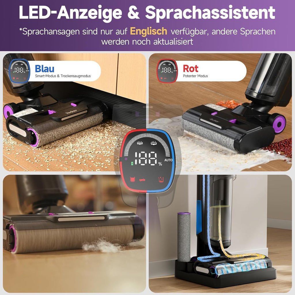 Redkey W15 Nass Trockensauger Akku,Selbstreinigender Mopp-Staubsauger,Kantenreinigung 6 mm,Dual-Wassertank-Unterstützung, 3 Reinigungsmodi,LED Spracherinnerung Geeignet für Hartböden,Selbstreinigung
