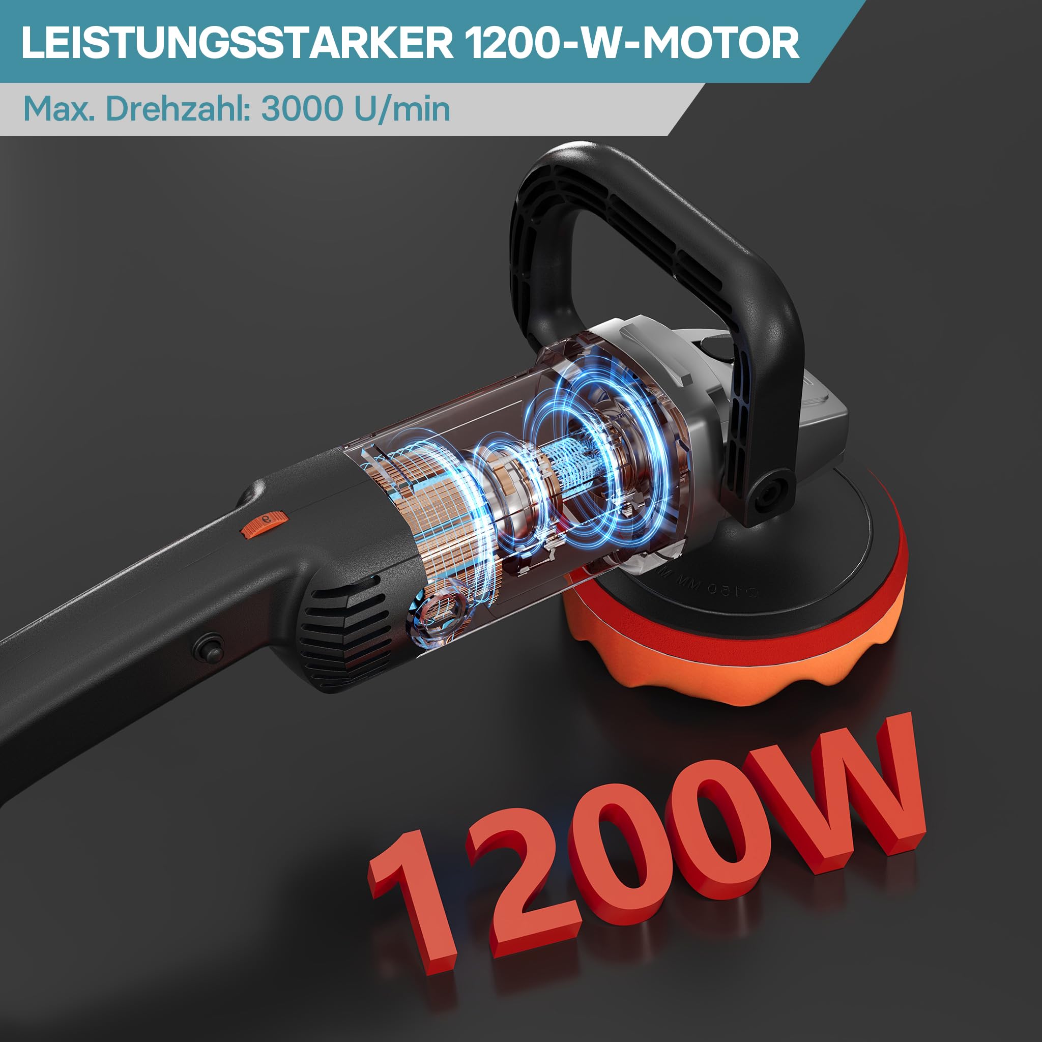 Wiltec Auto Poliermaschine Schleifmaschine 1200W bis 3000 U/min, Poliergerät mit 6 Stufen, mit Tasche und Zubehör, Tellerschleifer, Rotationsschleifer