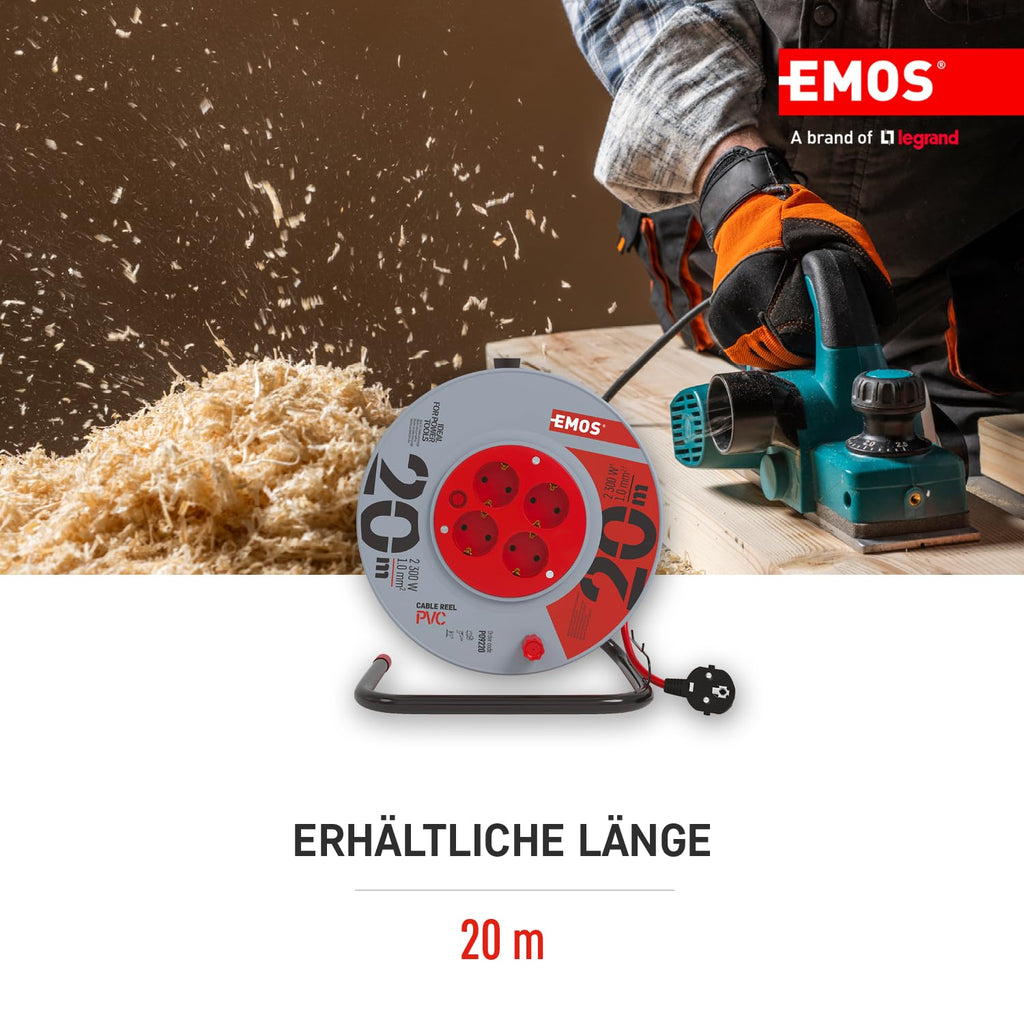 EMOS - Kabeltrommel 20m - 4 Schuko-Steckdosen - 230 V, 10 A, 2300 W - hochwertige PVC-Isolierung - H05VV-F3G 1,0 mm2 - Überhitzungsschutz, Spulenbremse - IP20 für Innen