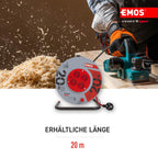 EMOS - Kabeltrommel 20m - 4 Schuko-Steckdosen - 230 V, 10 A, 2300 W - hochwertige PVC-Isolierung - H05VV-F3G 1,0 mm2 - Überhitzungsschutz, Spulenbremse - IP20 für Innen