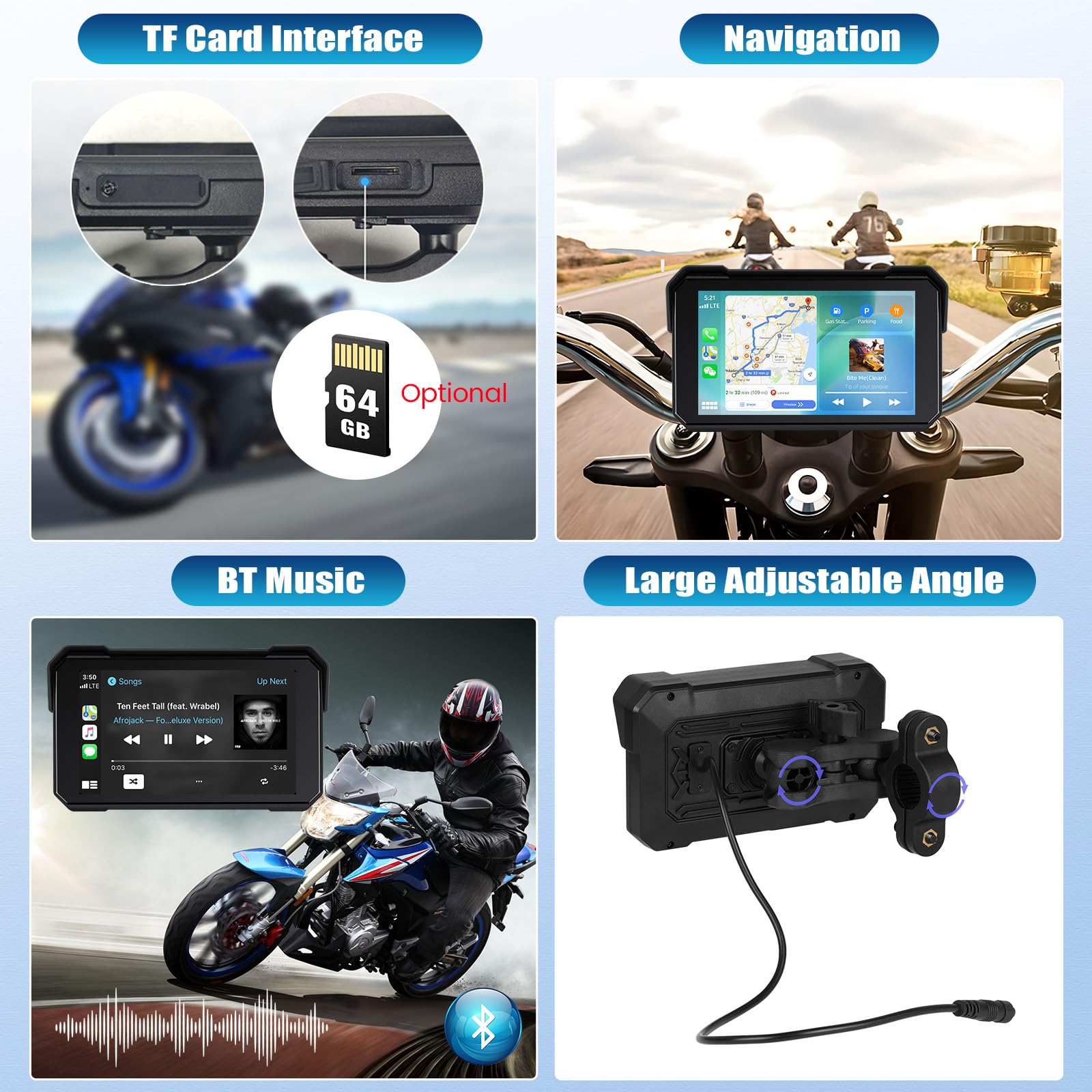 Motorcycle GPS CarPlay Screen with Motorcycle Design Holder, Wireless Carplay and Android Car, Portable Waterproof 5 Inch Touchscreen Motorcycle GPS CarPlay Screen Supports Bluetooth, Siri