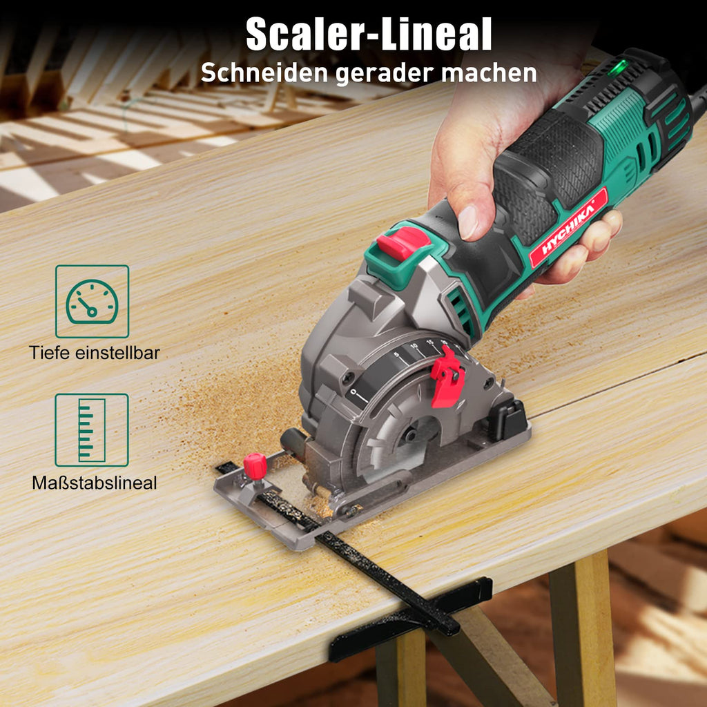 HYCHIKA Mini Kreissäge, Handkreissäge mit 3 Sägeblättern, Skalenlineal, 500W Motor aus reinem Kupfer, 4500RPM, Ideal für Holz-, Weichmetall-, Fliesen- und Kunststoffschnitte
