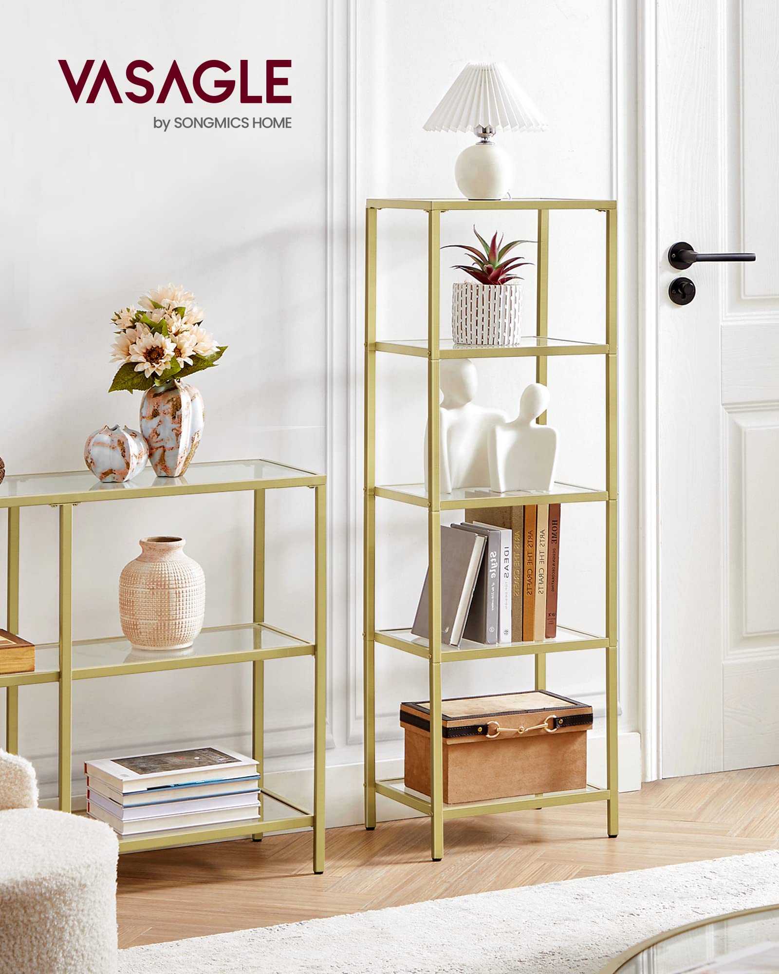 VASAGLE Regal mit 5 Ablagen, Badregal, gehärtetes Glas, einfache Montage, für Badezimmer, Wohnzimmer, Küche, Büro, transparent-metallisches Gold LGT029A01