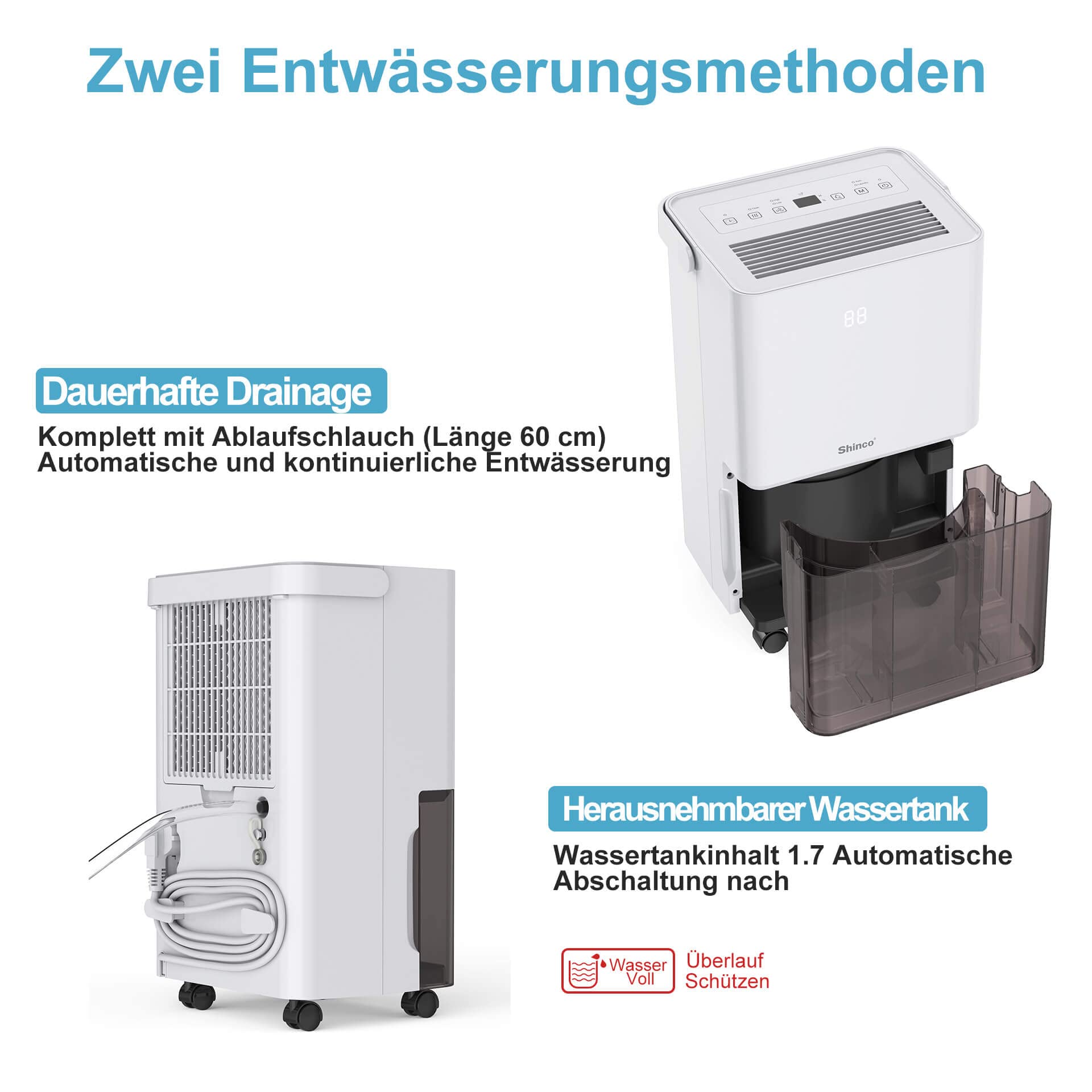 SHINCO Luftentfeuchter Elektrisch 10L,Raumentfeuchter mit Feuchtigkeitssensor,Energieeinsparung,Entfeuchter mit Aktivkohlefilter,Wäsche trocknen,Automatischer Neustart,Ablaufschlauch,45m³/15m²