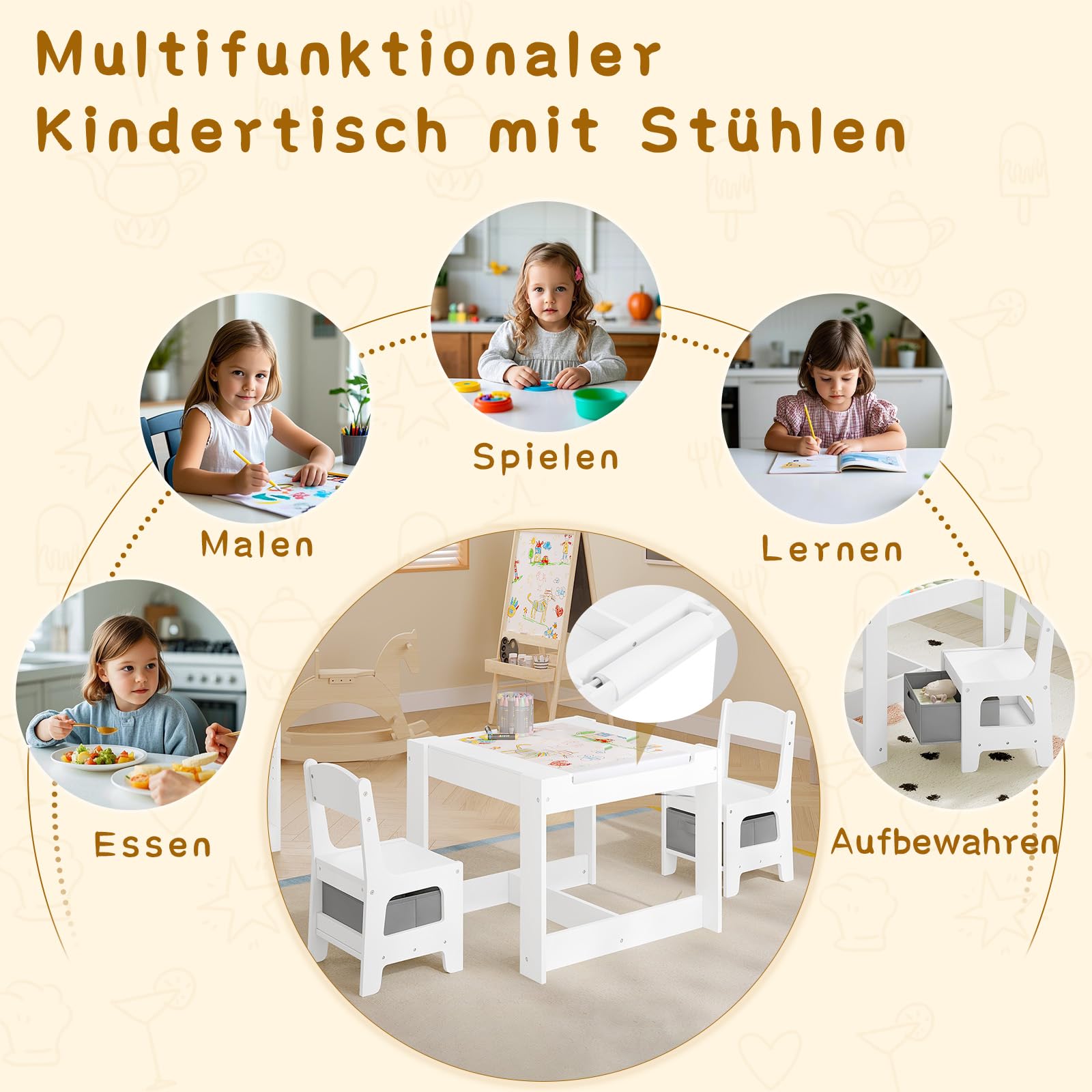 Lestarain 3 TLG. Kindertisch mit 2 Stühlen, Kindersitzgruppe, Kindermöbel Set mit Stauraum, Malttisch für Vorschüler, Tischplatte mit Tafel und Papierrolle, für Kinderzimmer Spielzimmer, Weiß
