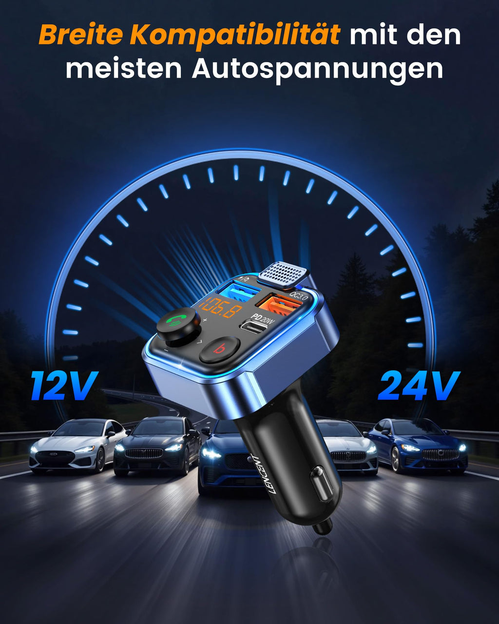 LENCENT 38W FM Transmitter Auto Bluetooth V5.3, Radio Deep Bass Musik Schnelles Autoladegerät Zigarettenanzünder, KFZ Bluetooth Adapter Freisprechanlage, Noise Cancelling Mikrofon, Lichtschalter