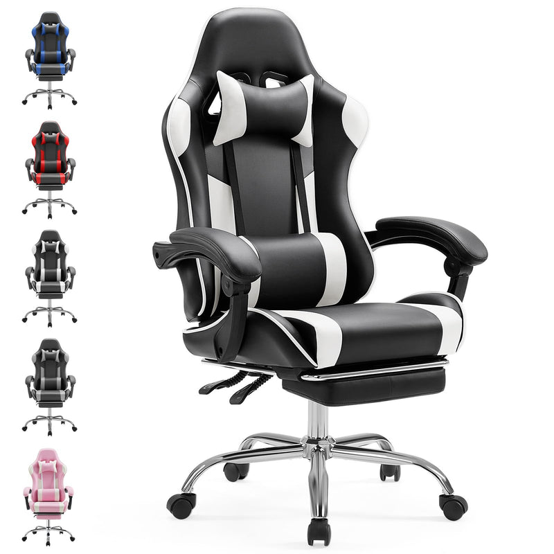Sweetcrispy Gaming Stuhl,Ergonomischer Bürostuhl mit Fußstütze,Gamer PC Stühle mit Kopfstütze Lendenkissen,90-150° einstellbar Gaming Chair,Leder Drehbar Schreibtischstuhl Computerstuhl,Weiß
