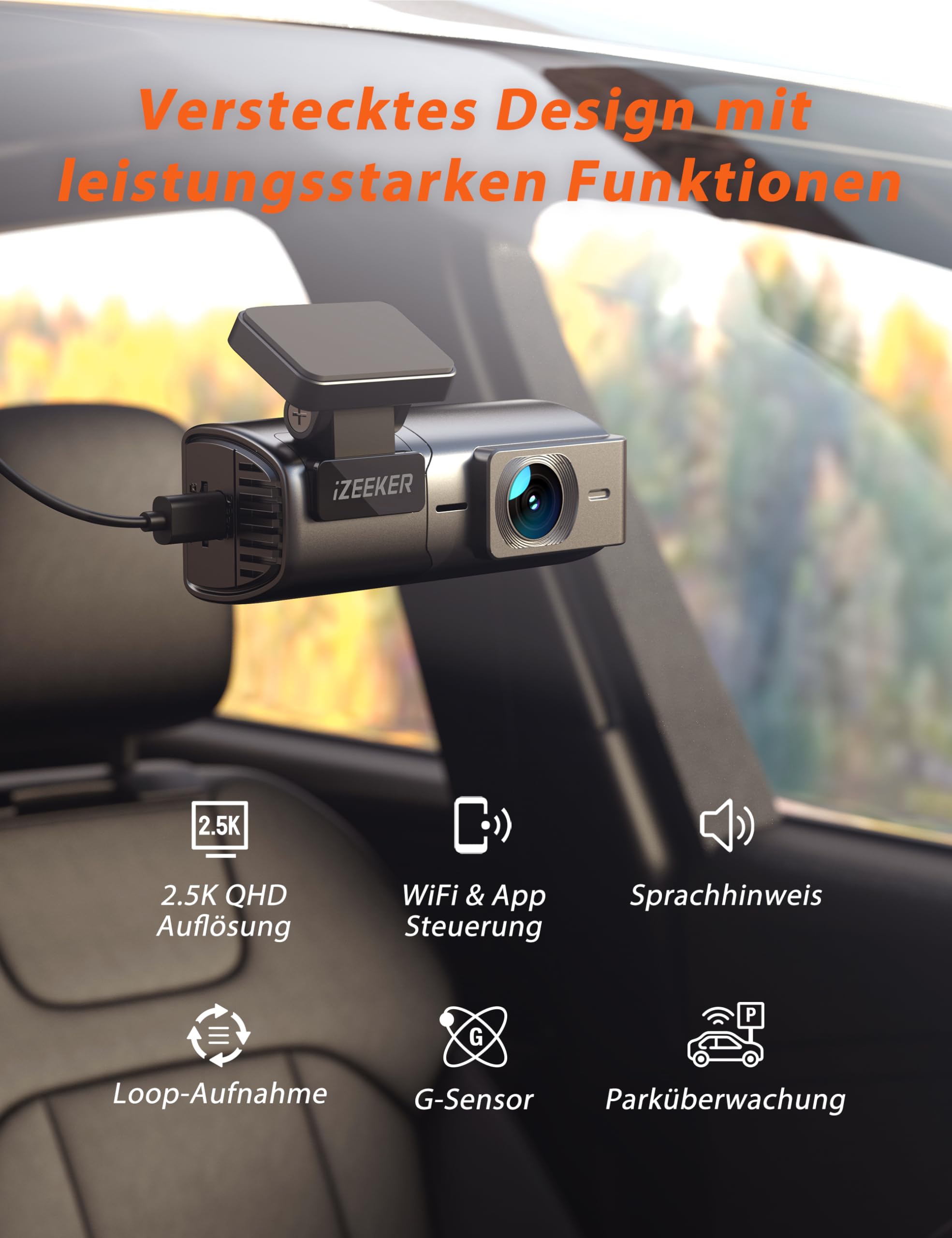 iZEEKER 2,5K Dashcam Auto, WiFi Dash Cam mit 32GB SD Karte, Mini Auto Kamera, 1440P Dash-Cam Auto mit APP Steuerung, 24/7 Parküberwachung, WDR Nachtsicht, 170° Weitwinkel, G-Sensor, Loop-Aufnahme