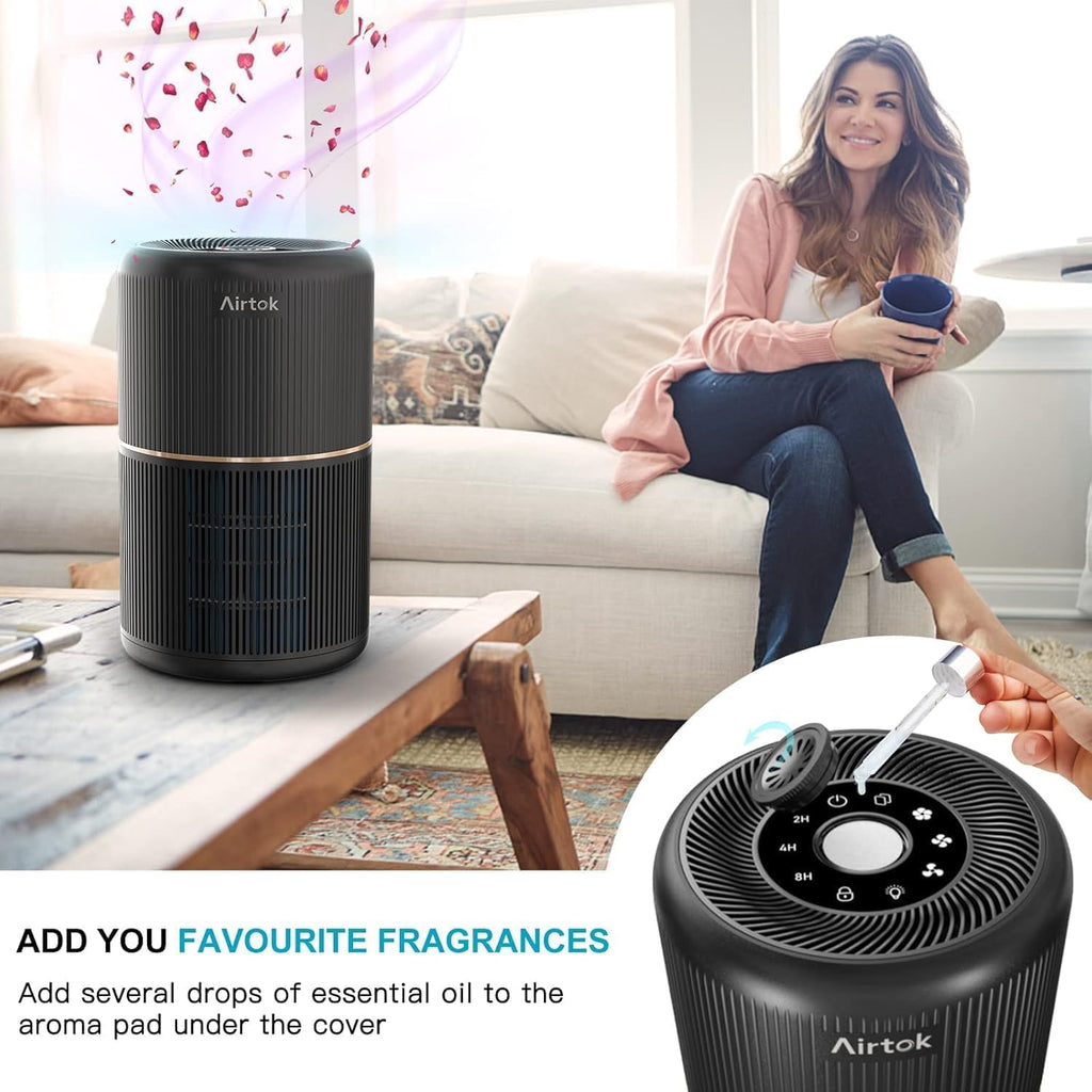 AIRTOK Luftreiniger, Luftreiniger Allergiker mit Aromatherapie, HEPA Luftfilter gegen Schimmel Staub Pollen Gerüche, 99,97% Entfernung bis 0,1 Mikrometer, Nachtlicht, Kindersicherung, Timer, 25dB
